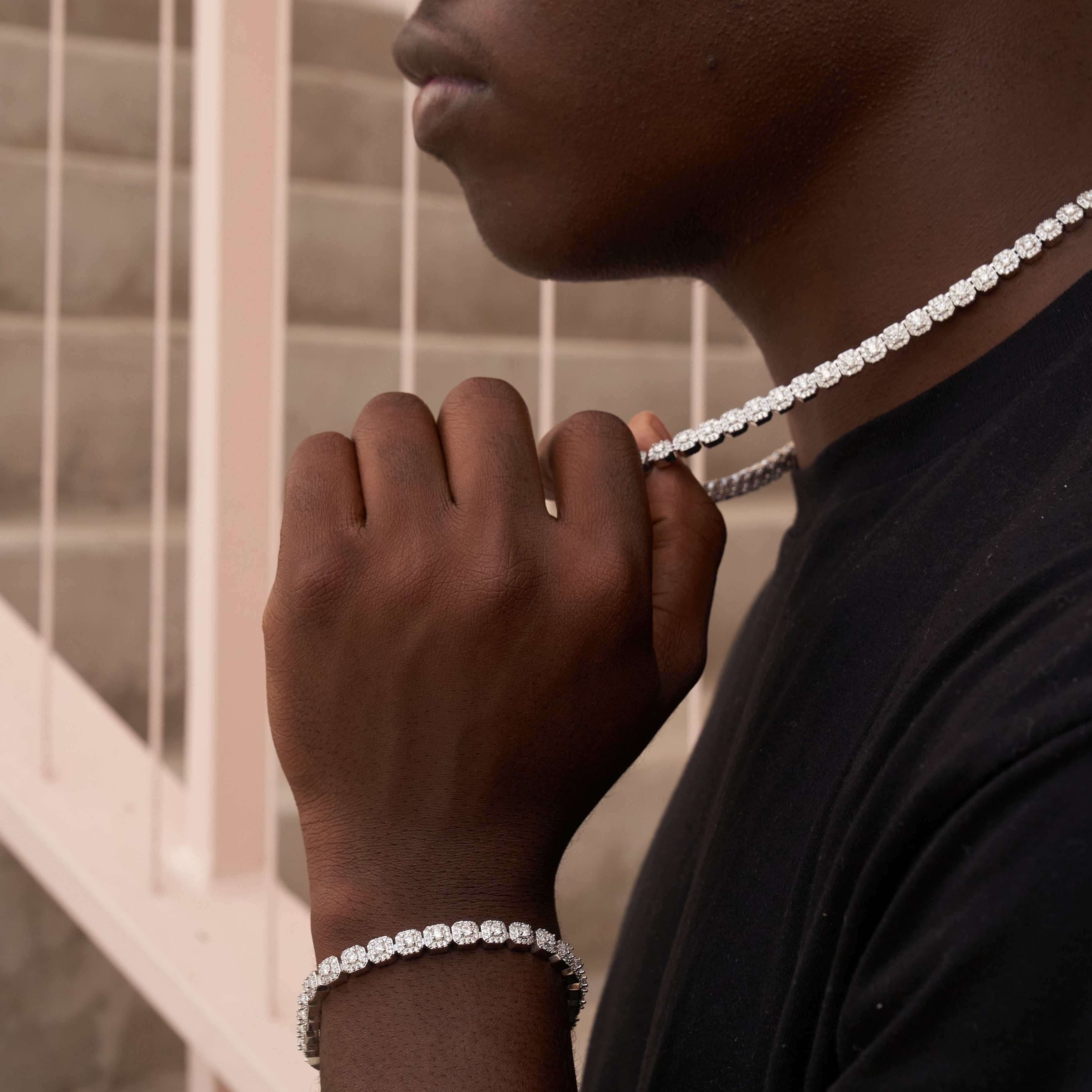 GLD Men Micro Clustered Tennis Chain + Bracelet Bundle in White Gold