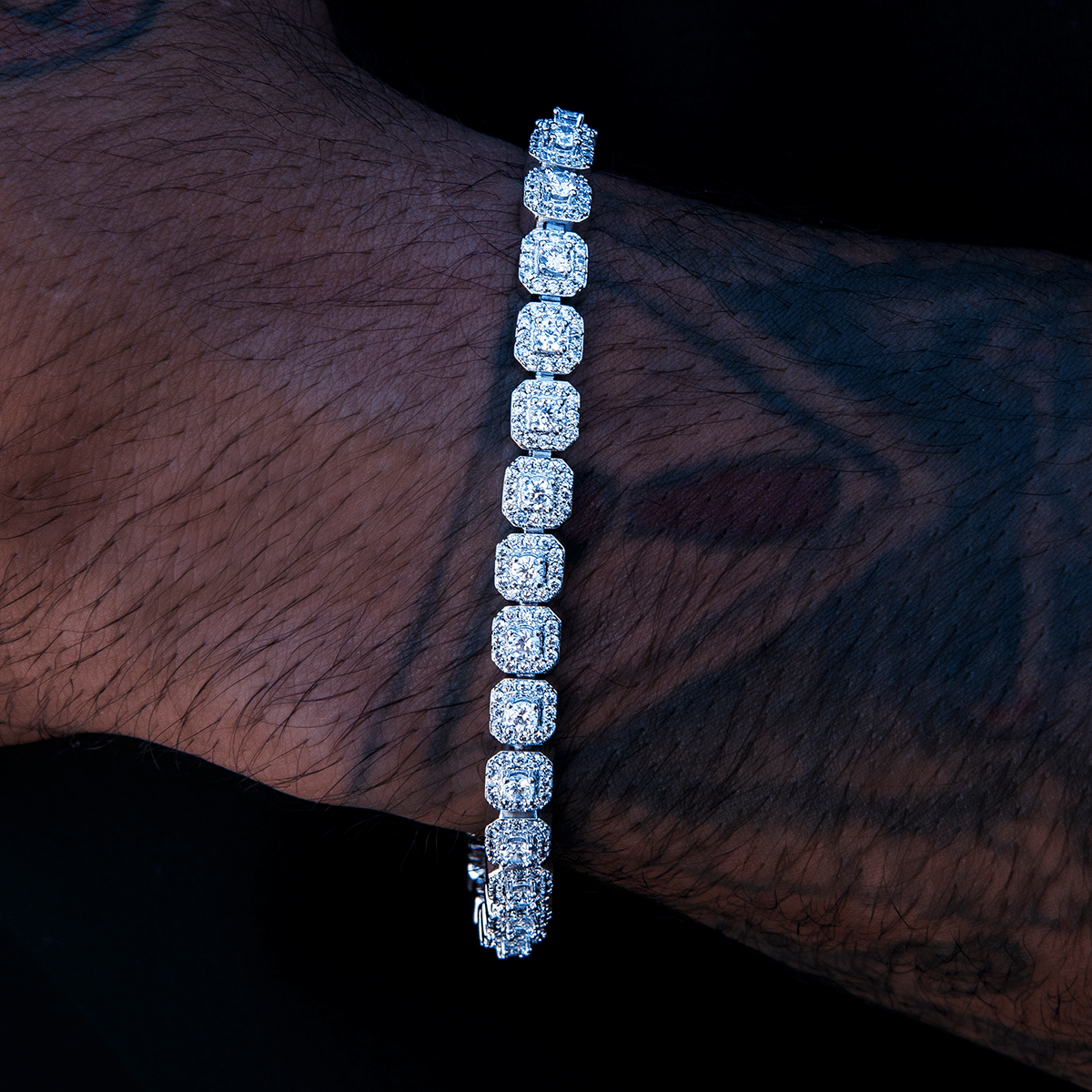 GLD Men Micro Clustered Tennis Chain + Bracelet Bundle in White Gold