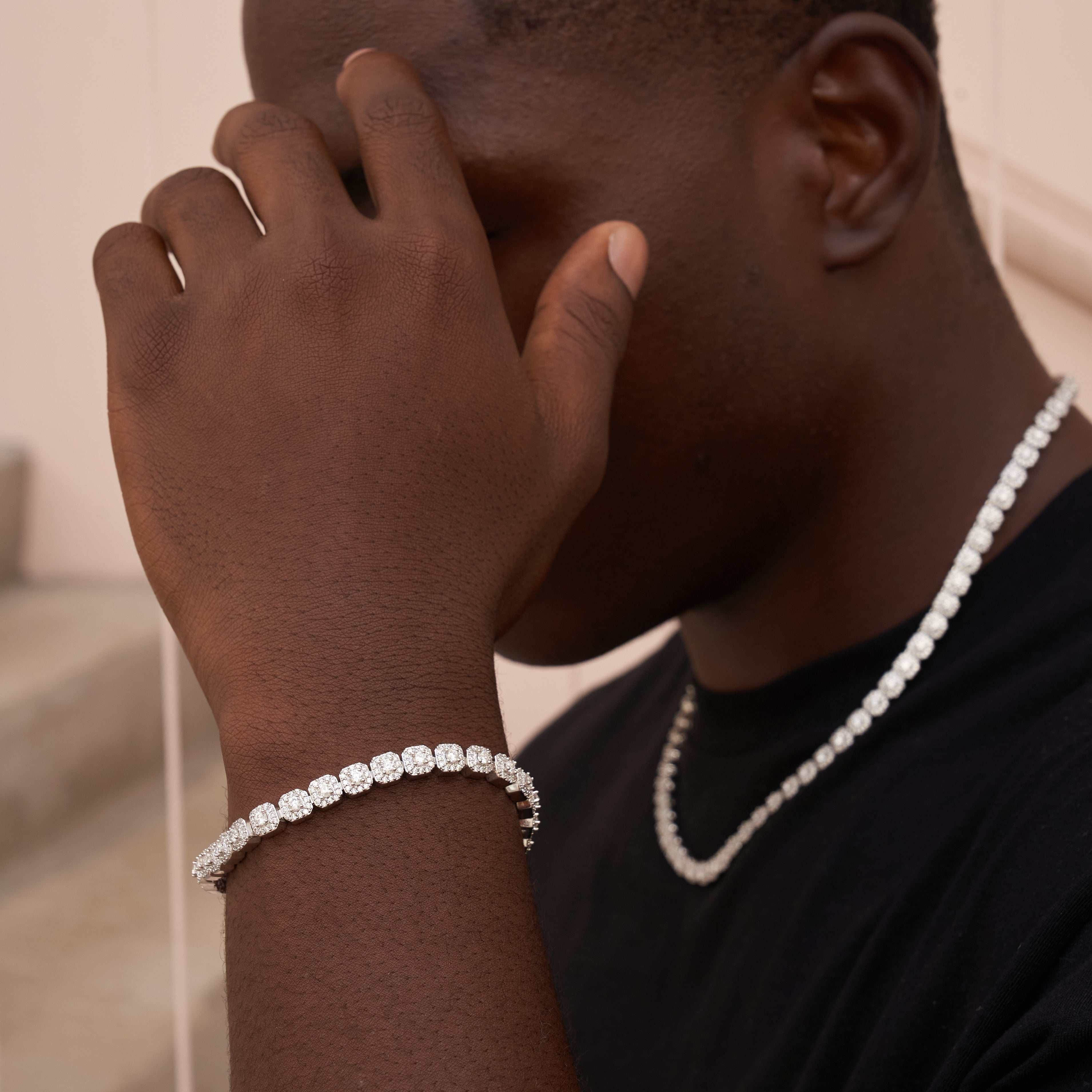 GLD Men Micro Clustered Tennis Chain + Bracelet Bundle in White Gold