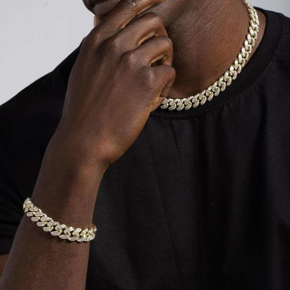 GLD Men Diamond Cuban Chain + Bracelet Bundle in Yellow Gold - 12 mm