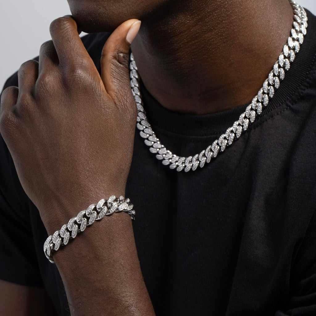 GLD Men Diamond Cuban Chain + Bracelet Bundle in White Gold - 12 mm