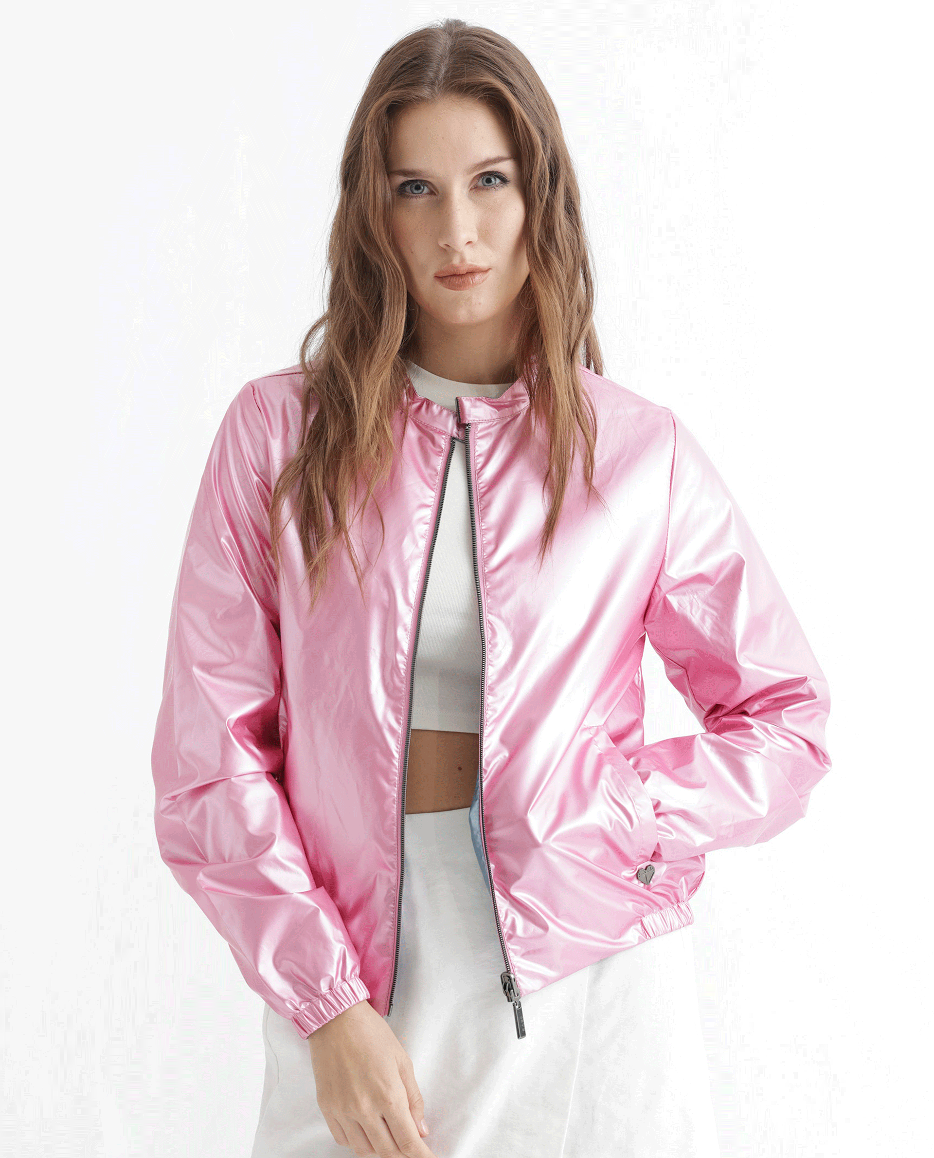 Rareism Women's Charlotte Pink Polyester Mandarin Collar Plain Regular Fit Jacket