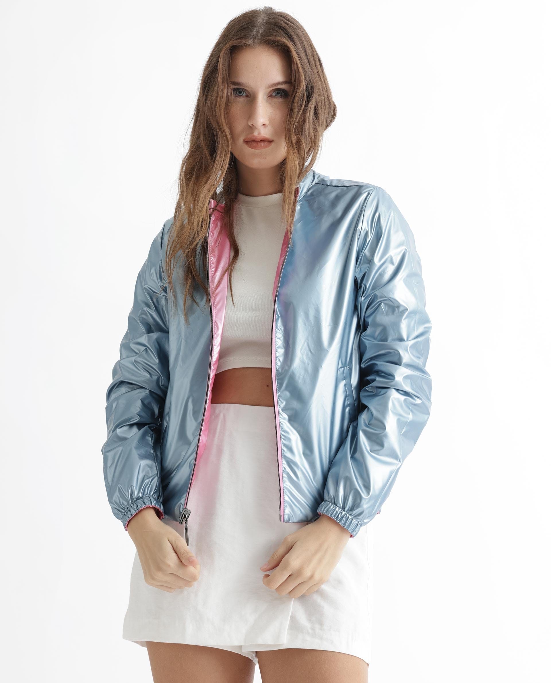 Rareism Women's Charlotte Pink Polyester Mandarin Collar Plain Regular Fit Jacket