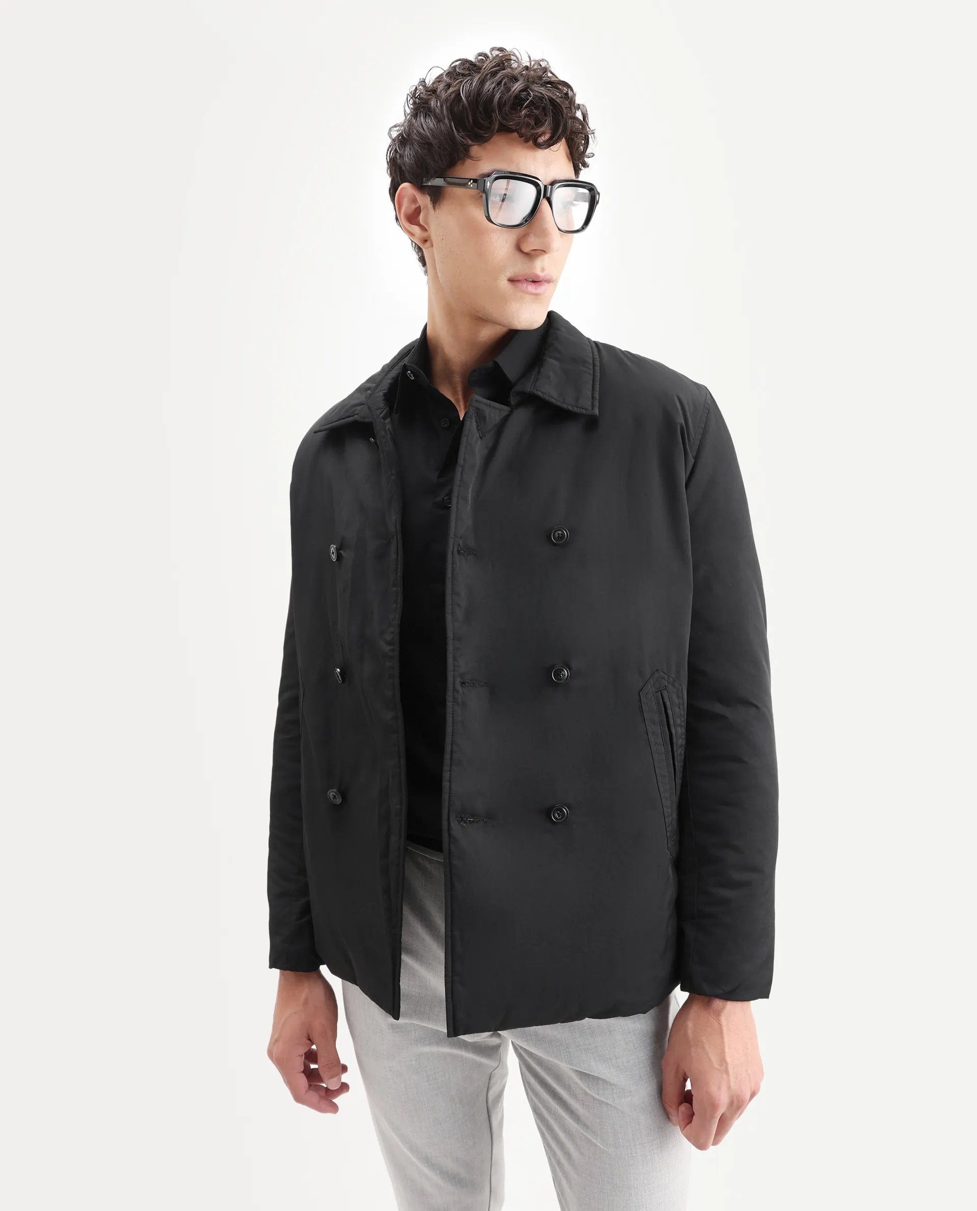 RARE Rabbit Men's Merjon Black Nylon Plain Tailored Fit Full Sleeve Lapel Neck Jacket