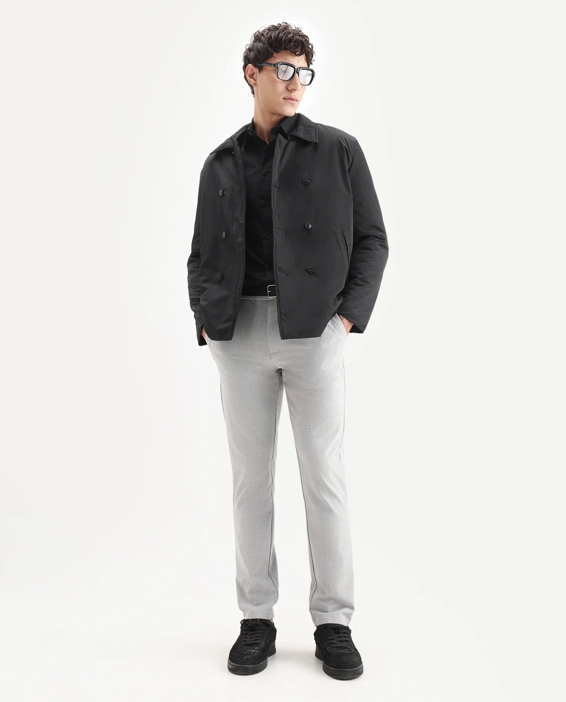 RARE Rabbit Men's Merjon Black Nylon Plain Tailored Fit Full Sleeve Lapel Neck Jacket