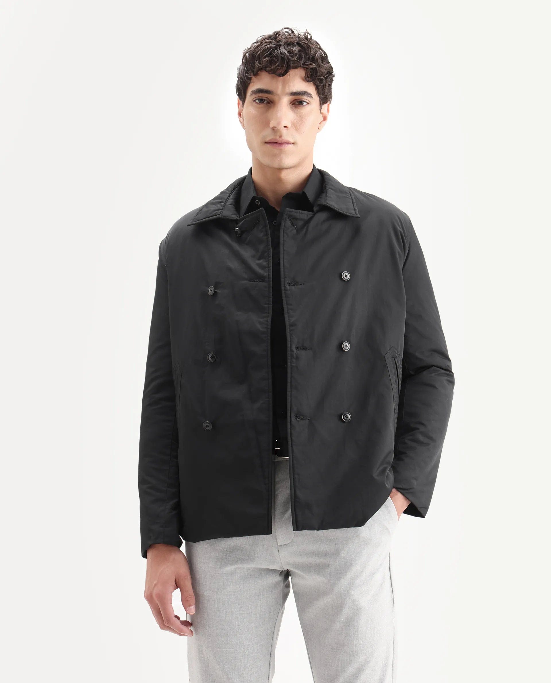 RARE Rabbit Men's Merjon Black Nylon Plain Tailored Fit Full Sleeve Lapel Neck Jacket