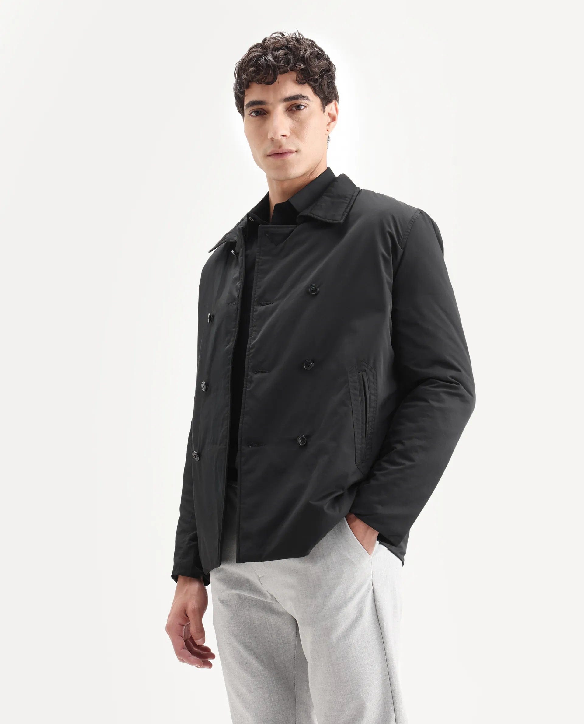 RARE Rabbit Men's Merjon Black Nylon Plain Tailored Fit Full Sleeve Lapel Neck Jacket