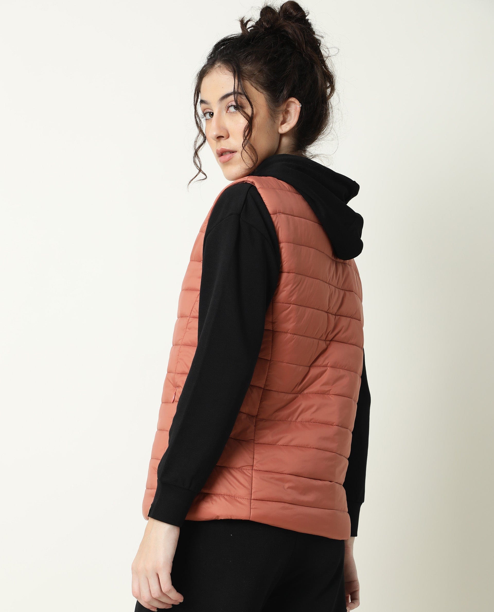 Rareism Women's Trunk Rust Hooded Plain Sleeveless Regular Fit Jacket