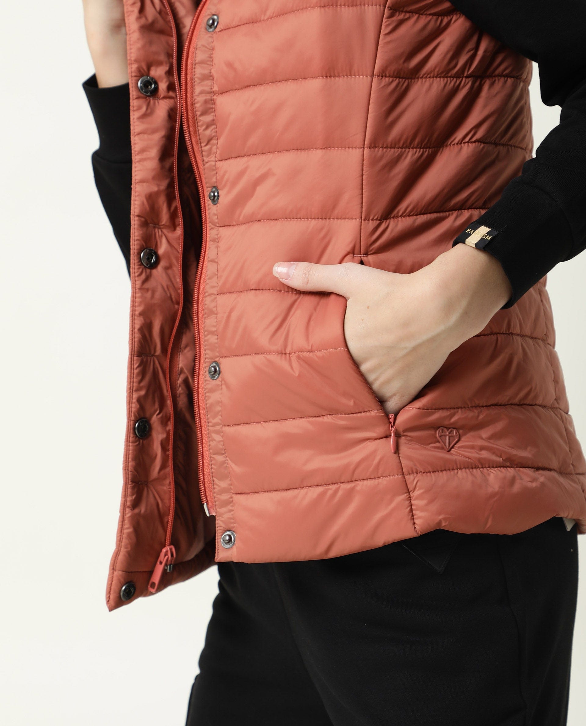 Rareism Women's Trunk Rust Hooded Plain Sleeveless Regular Fit Jacket