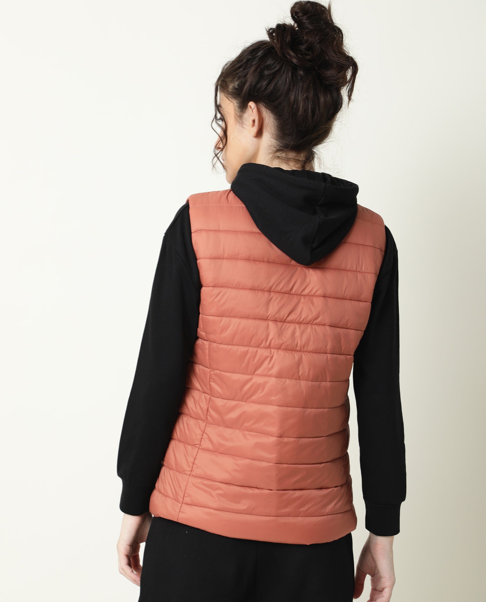Rareism Women's Trunk Rust Hooded Plain Sleeveless Regular Fit Jacket