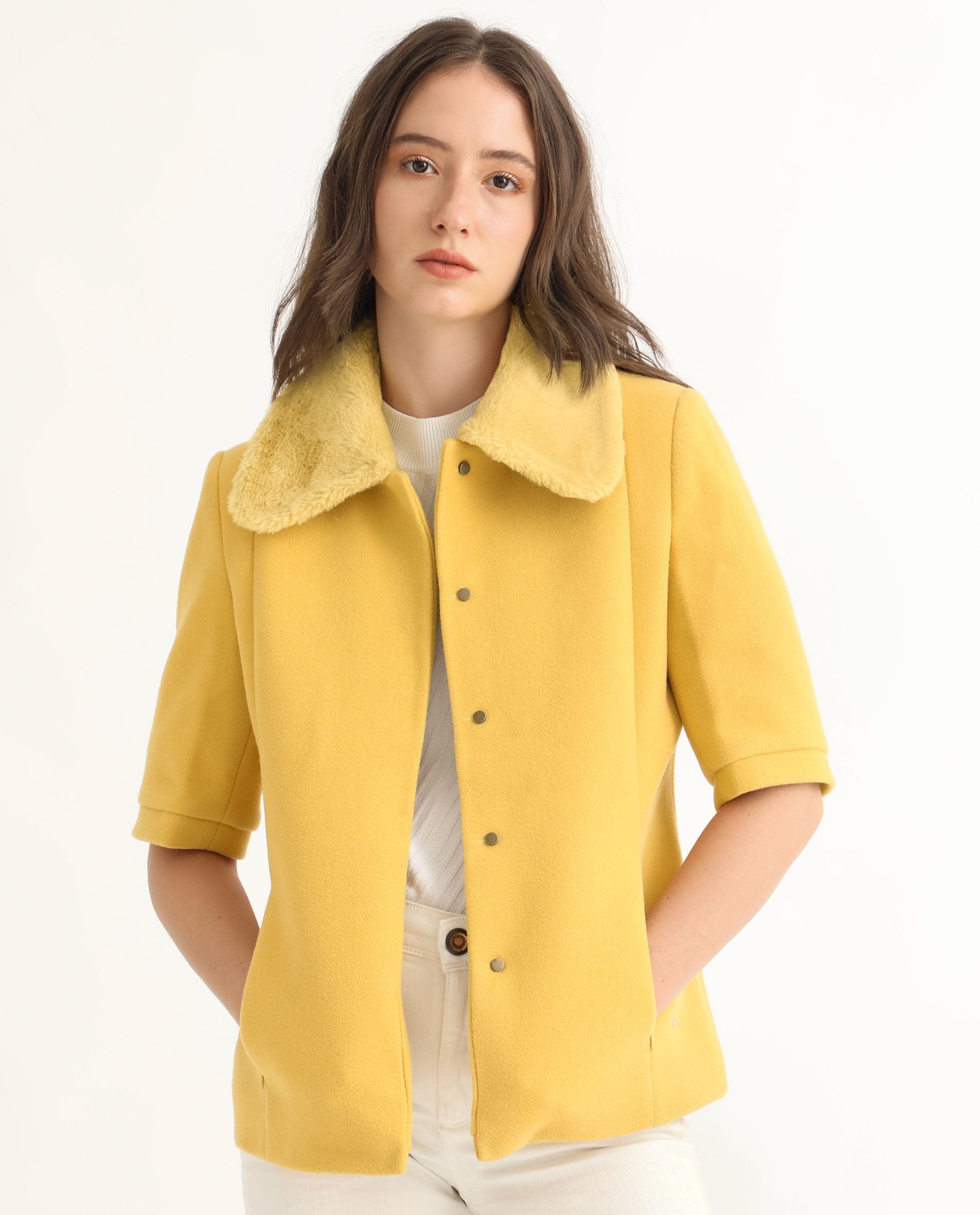 Rareism Women's Kaise Yellow Polyester Spread Collar Plain Bell Sleeve Regular Fit Jacket
