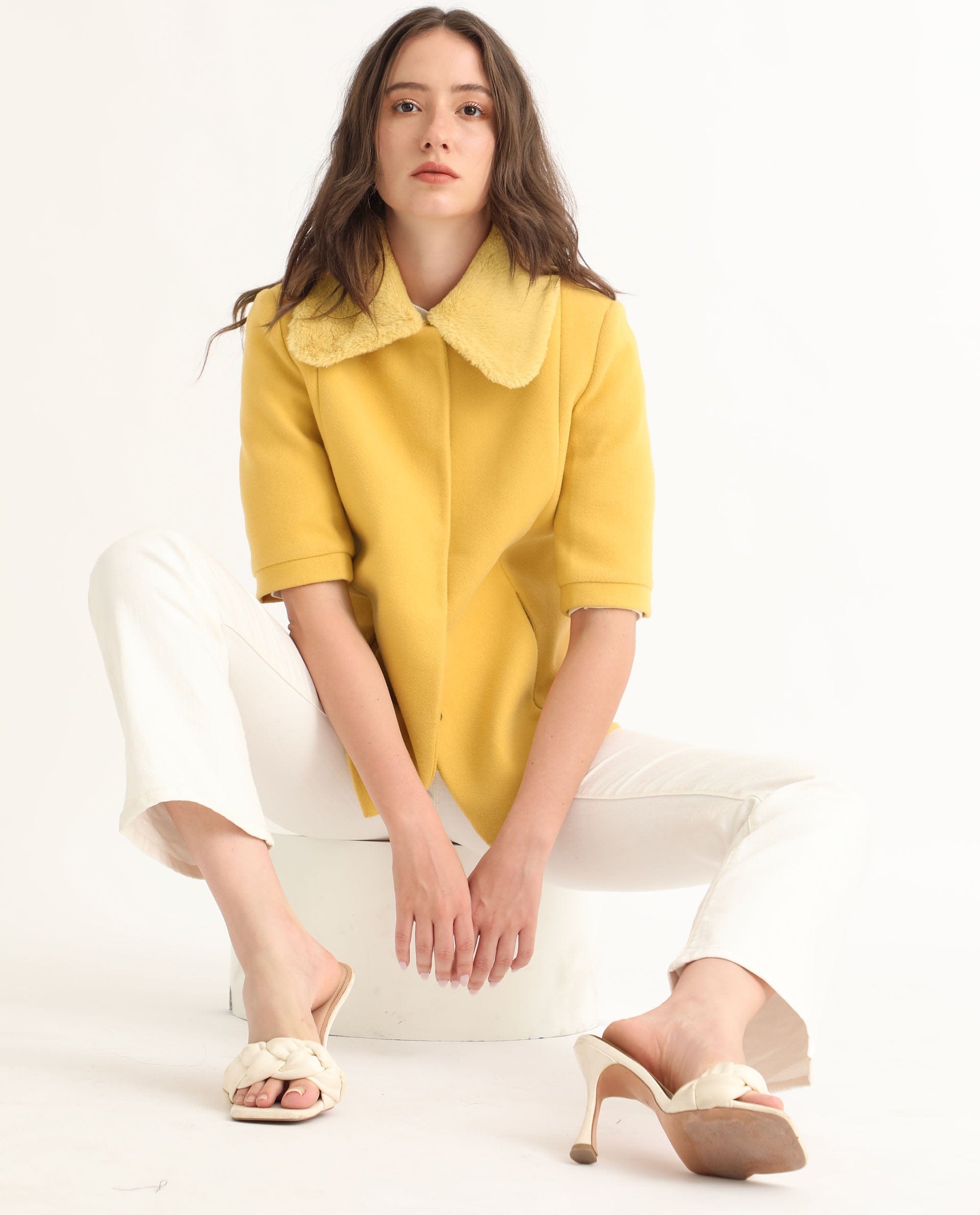 Rareism Women's Kaise Yellow Polyester Spread Collar Plain Bell Sleeve Regular Fit Jacket