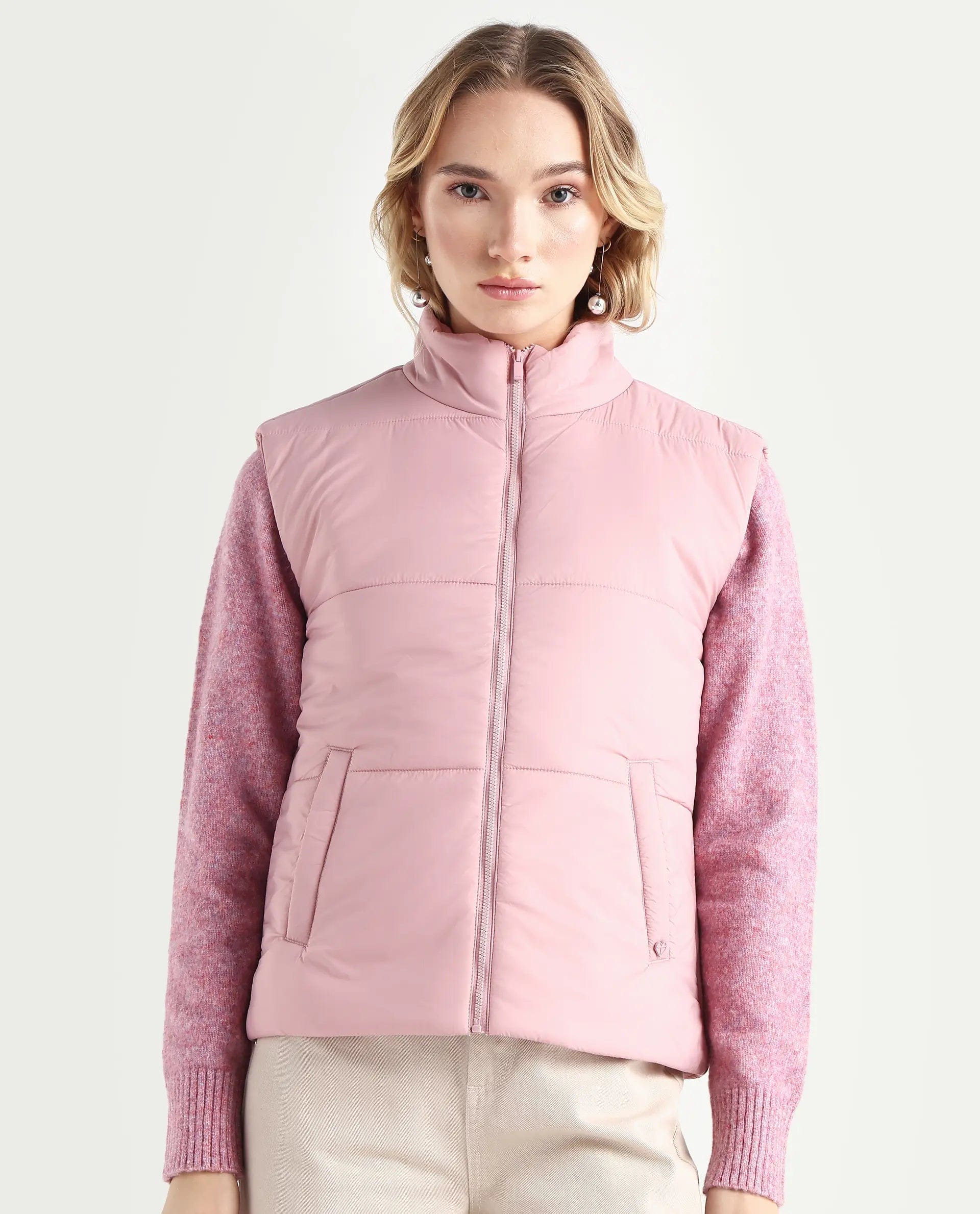 Rareism Women's Glasha Si Pink Polyester High Neck Plain Sleeveless Regular Fit Jacket