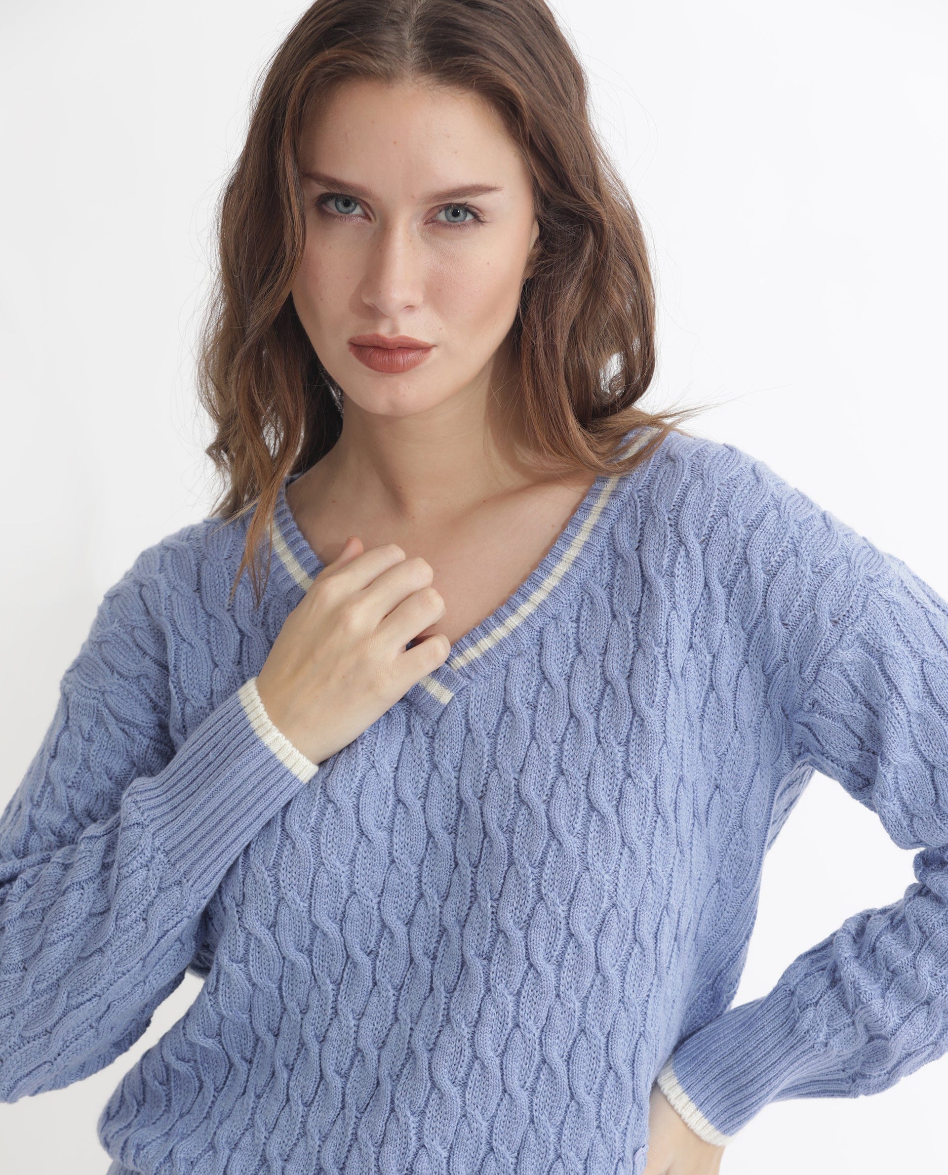 Rareism Women's Broun Light Blue Acrylic V - Neck Plain Relaxed Fit Sweater
