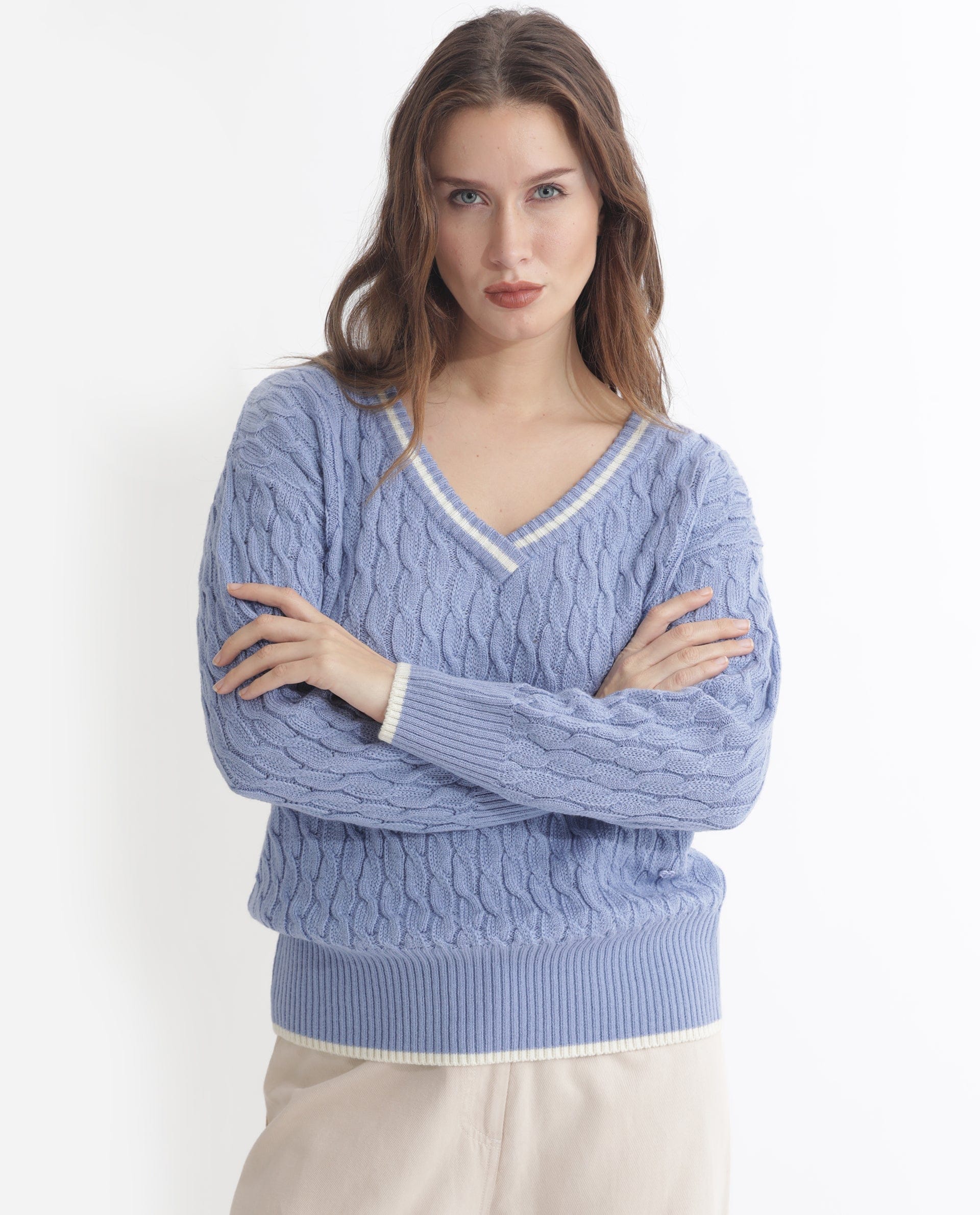 Rareism Women's Broun Light Blue Acrylic V - Neck Plain Relaxed Fit Sweater