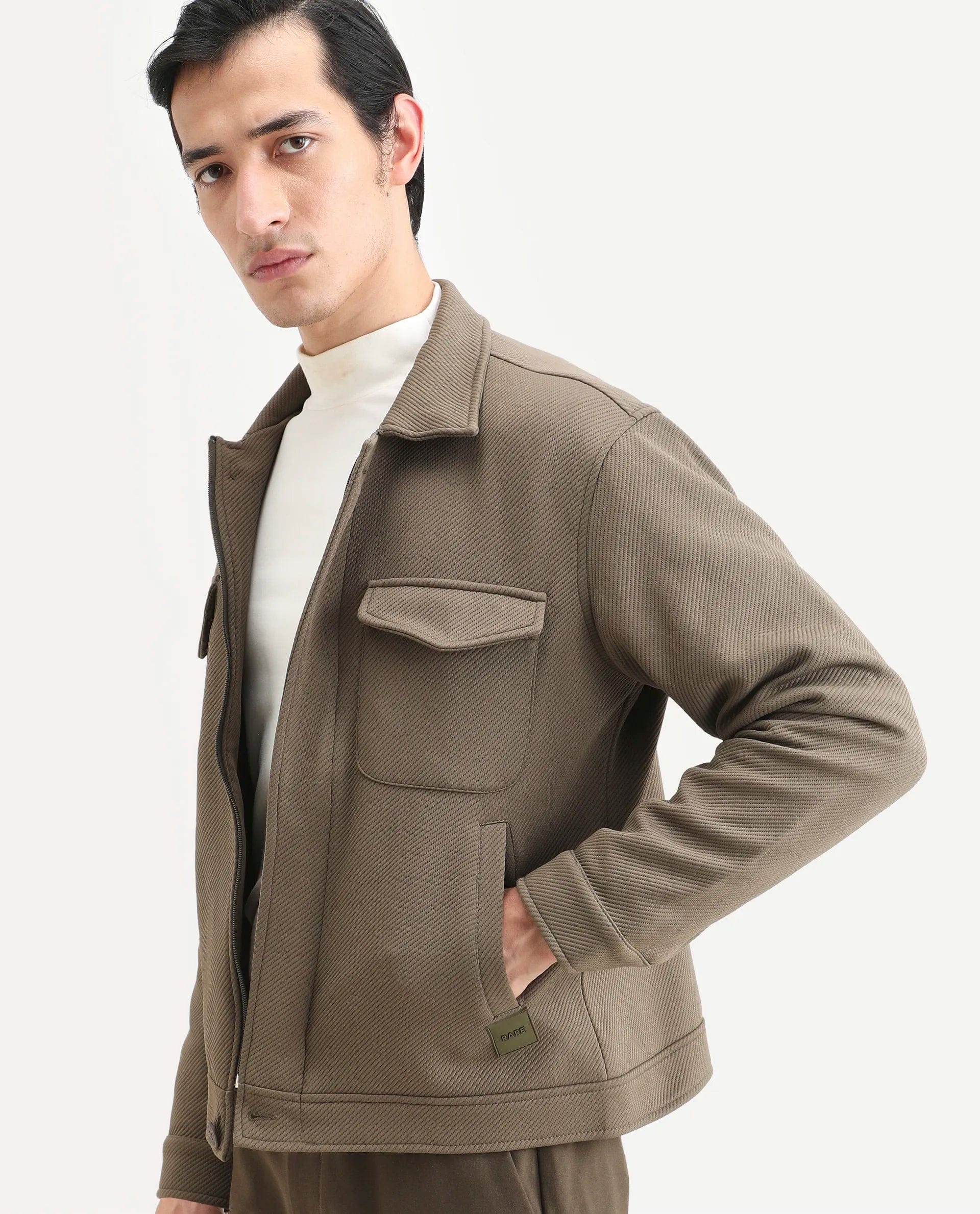 RARE Rabbit Men's Mapis Olive Polyester Plain Regular Fit Full Sleeve Curved Collar Jacket
