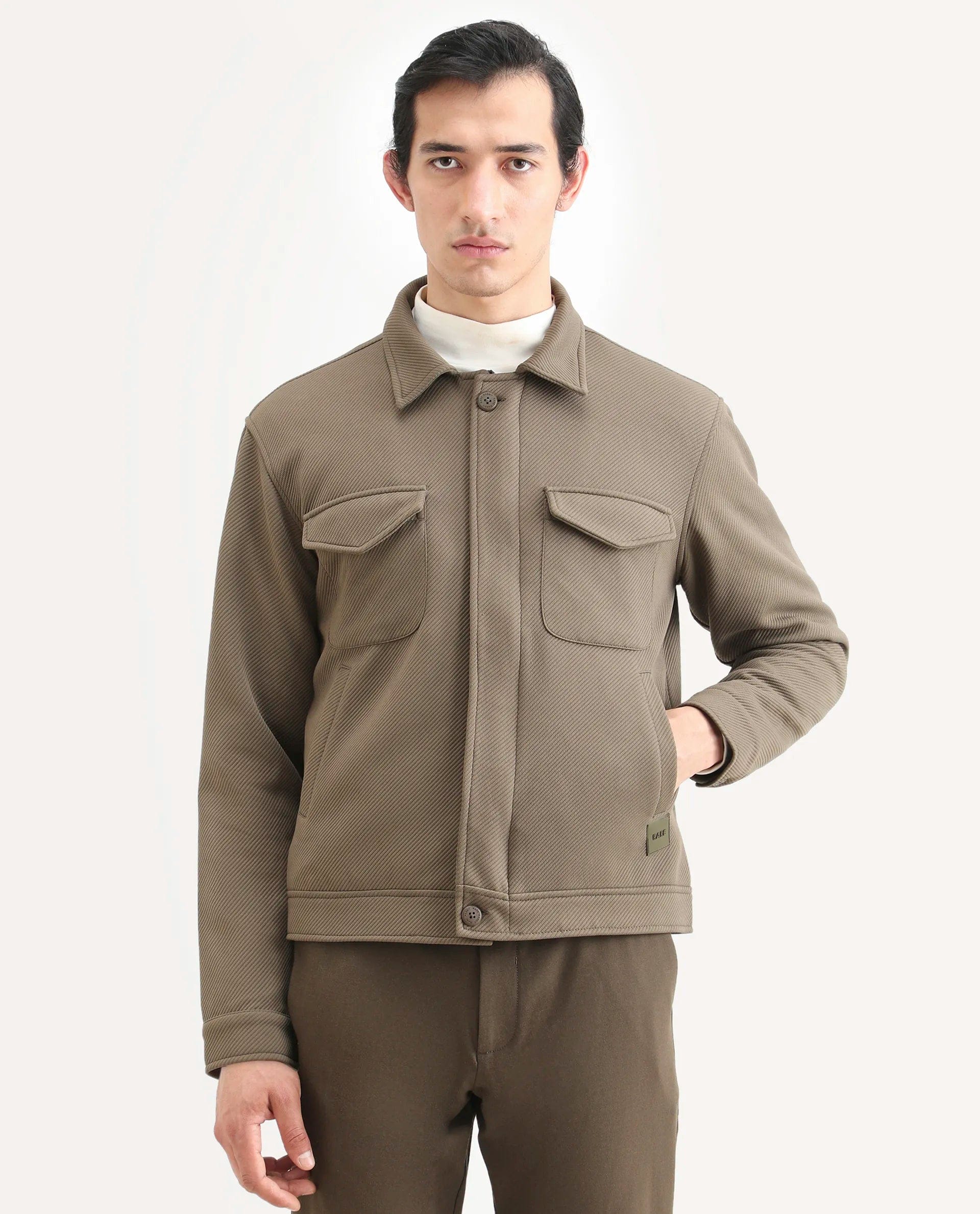 RARE Rabbit Men's Mapis Olive Polyester Plain Regular Fit Full Sleeve Curved Collar Jacket