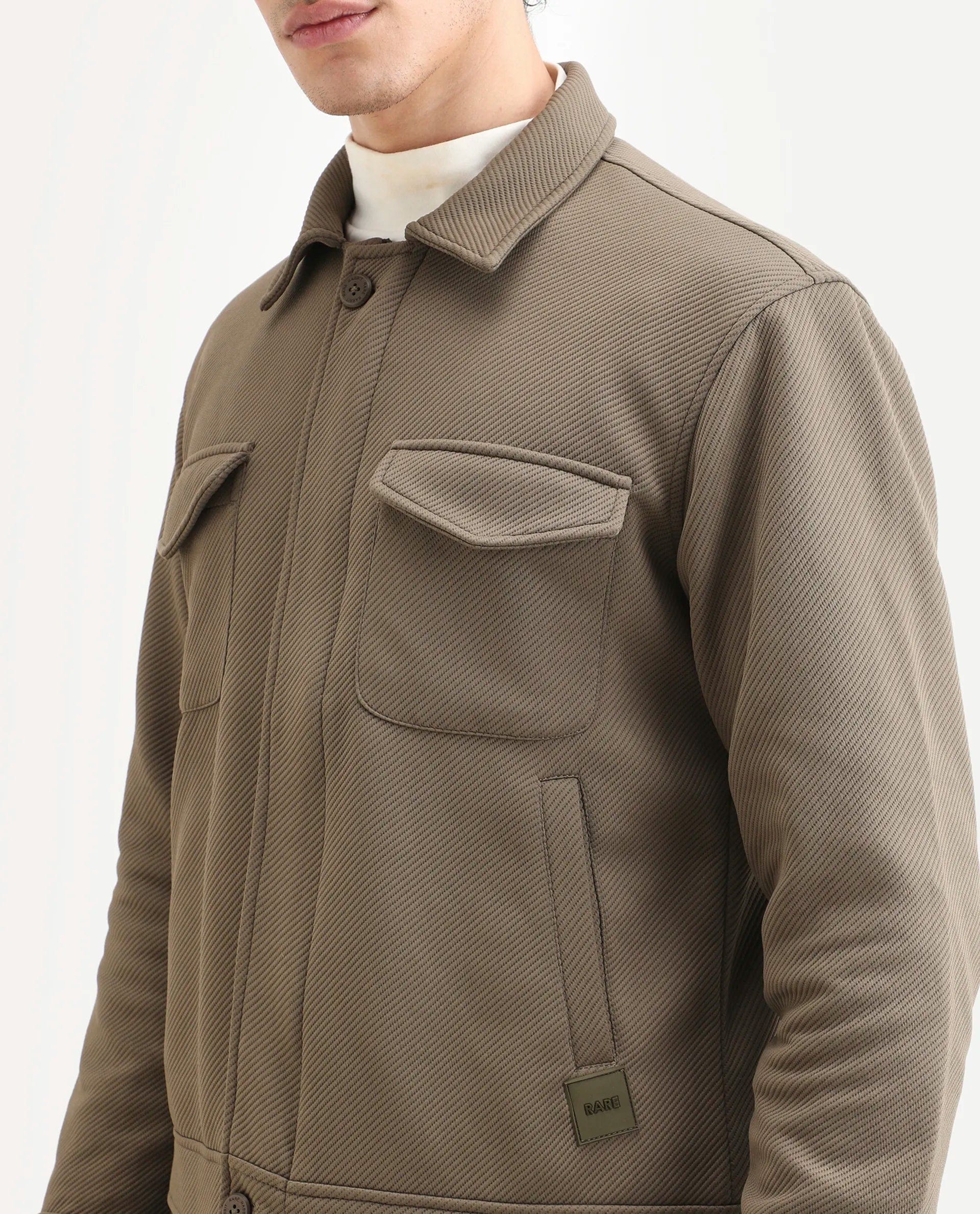 RARE Rabbit Men's Mapis Olive Polyester Plain Regular Fit Full Sleeve Curved Collar Jacket