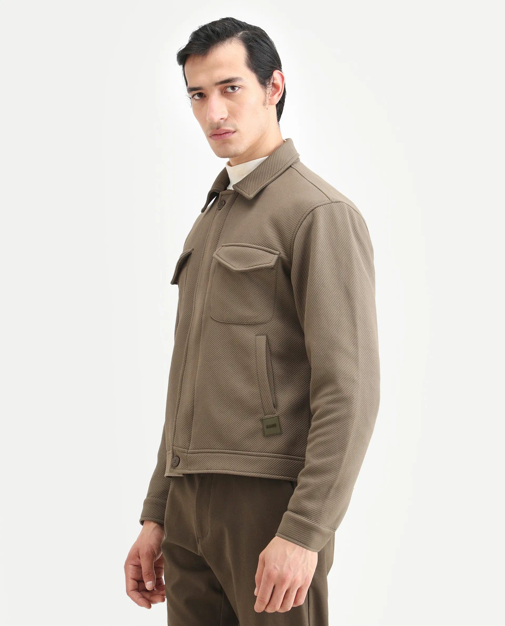 RARE Rabbit Men's Mapis Olive Polyester Plain Regular Fit Full Sleeve Curved Collar Jacket