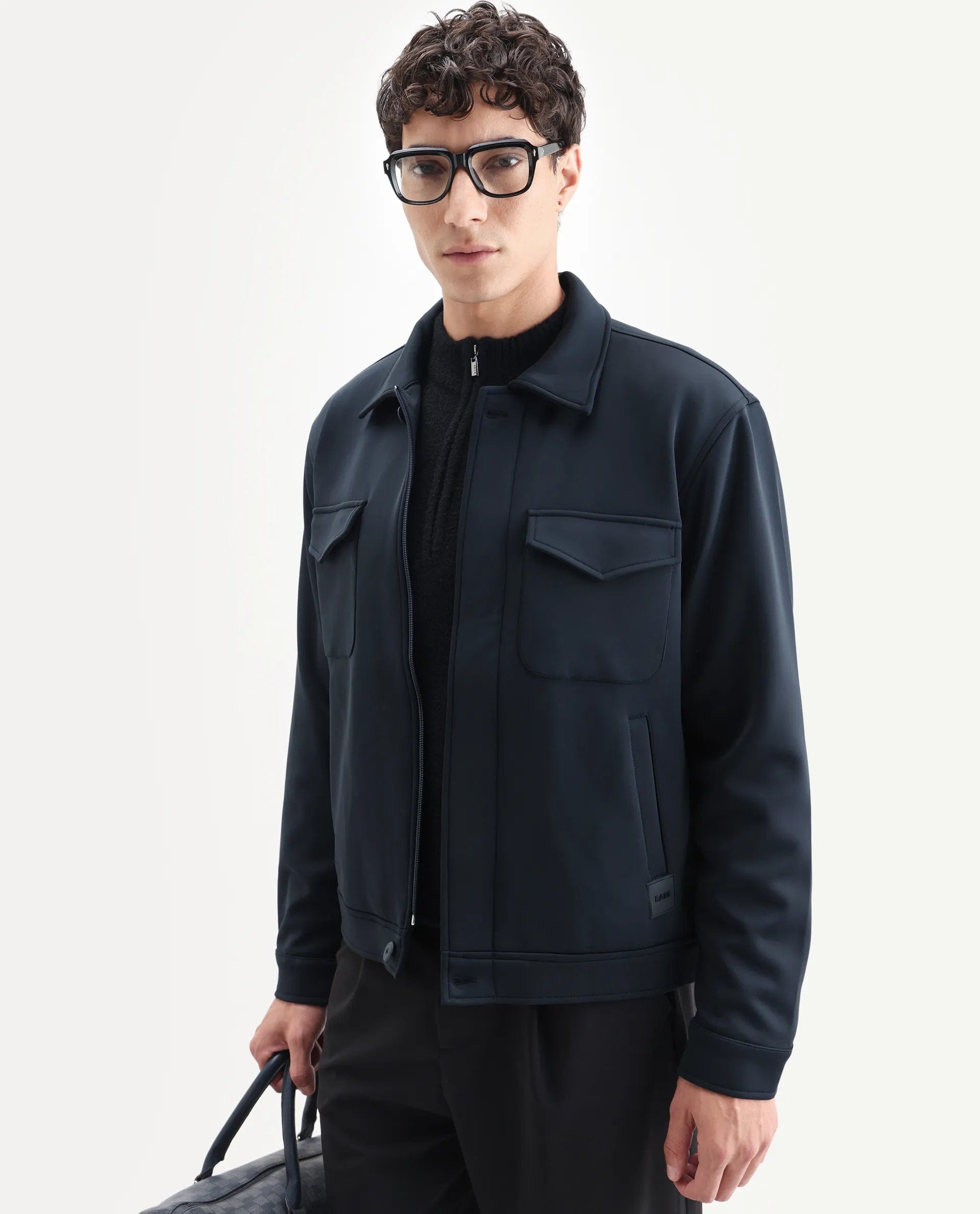 RARE Rabbit Men's Mapi Navy Nylon Plain Regular Fit Full Sleeve Spread Collar Jacket