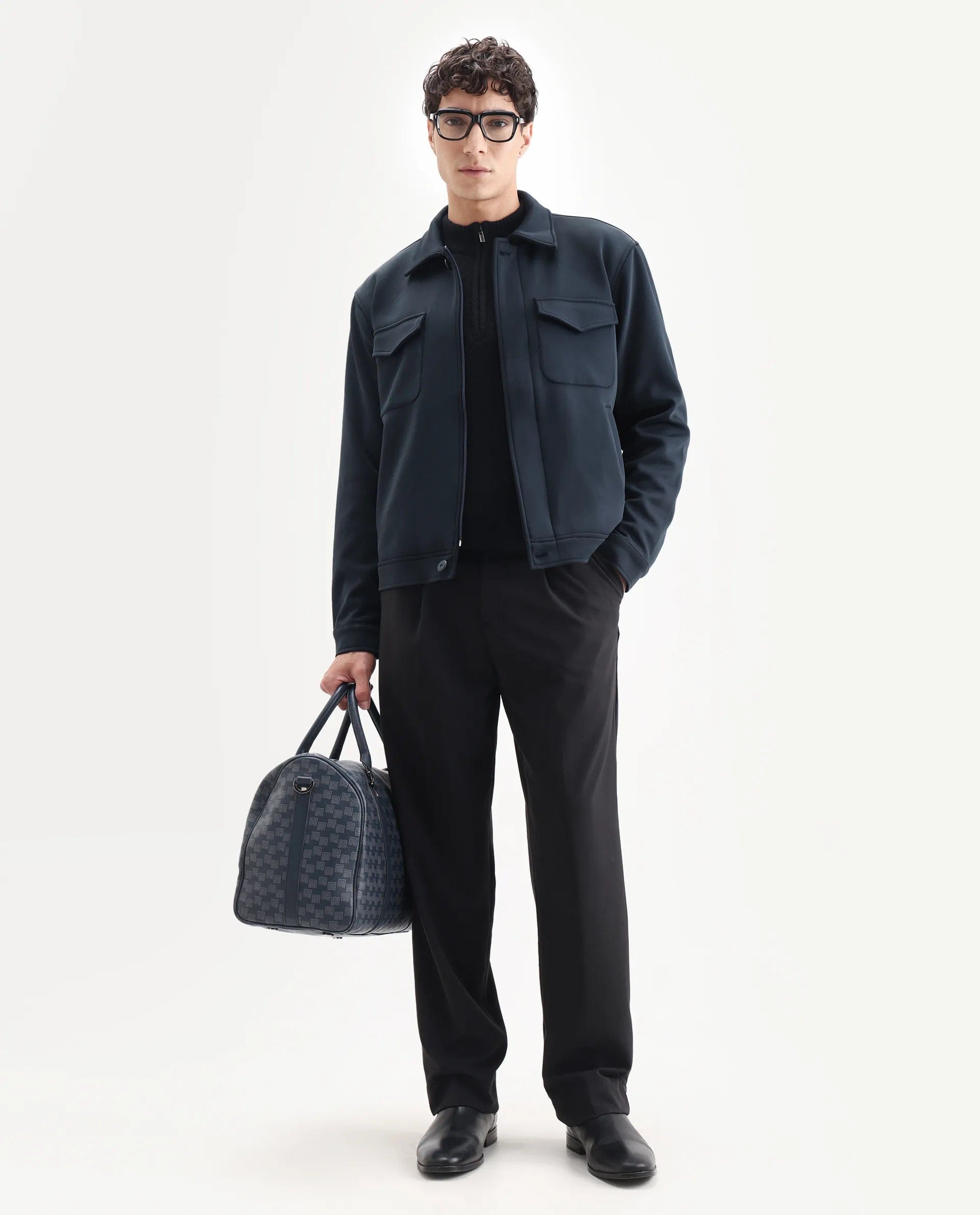 RARE Rabbit Men's Mapi Navy Nylon Plain Regular Fit Full Sleeve Spread Collar Jacket