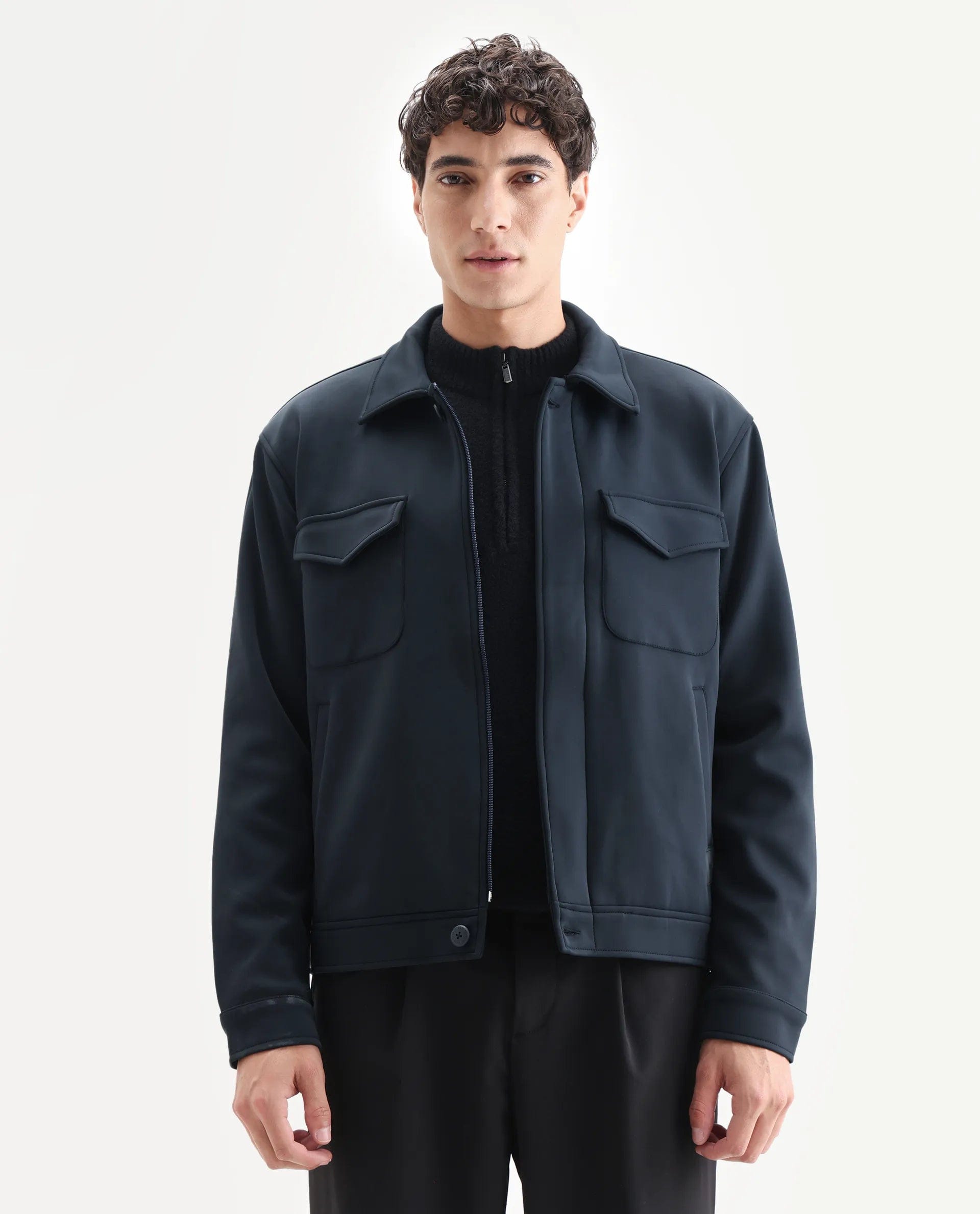 RARE Rabbit Men's Mapi Navy Nylon Plain Regular Fit Full Sleeve Spread Collar Jacket