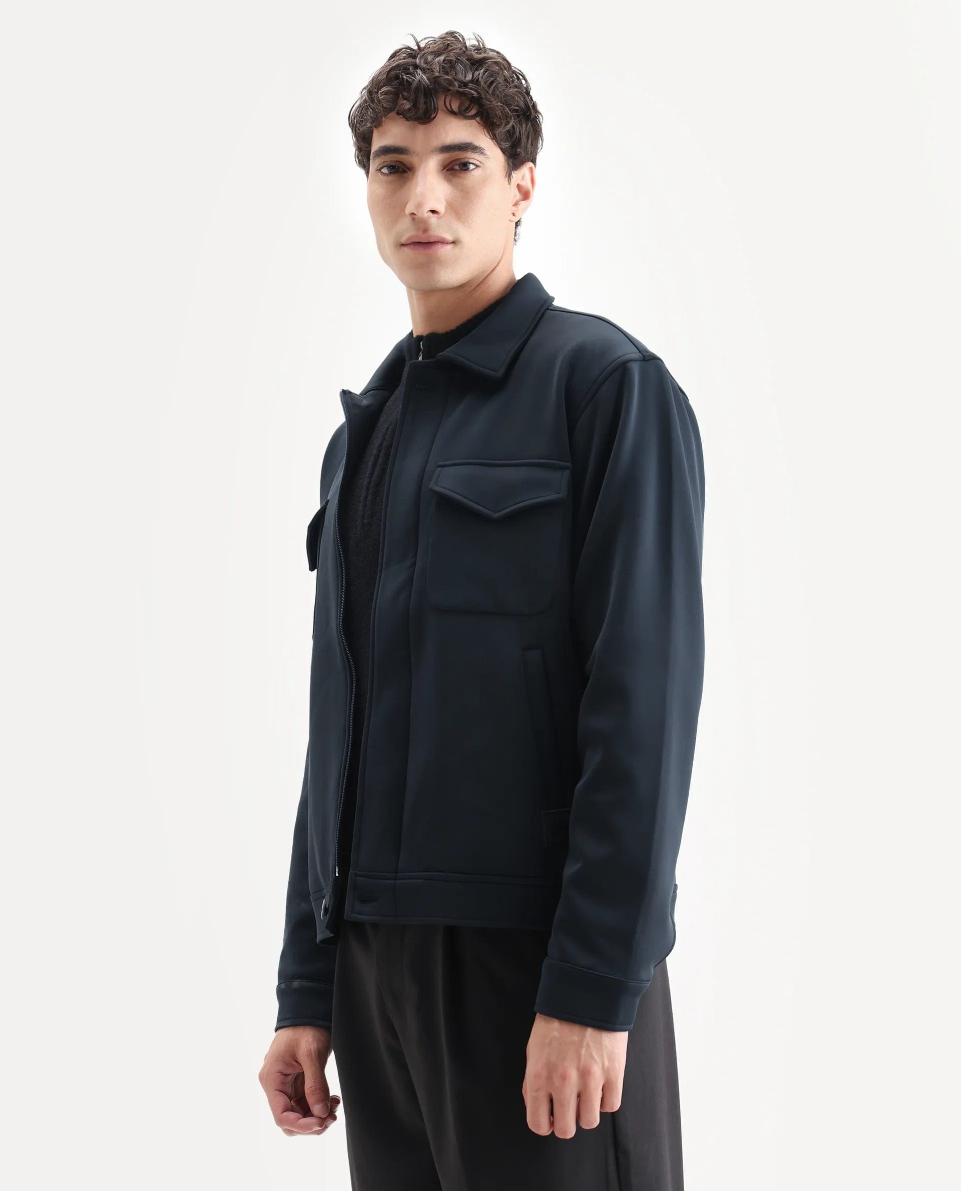 RARE Rabbit Men's Mapi Navy Nylon Plain Regular Fit Full Sleeve Spread Collar Jacket