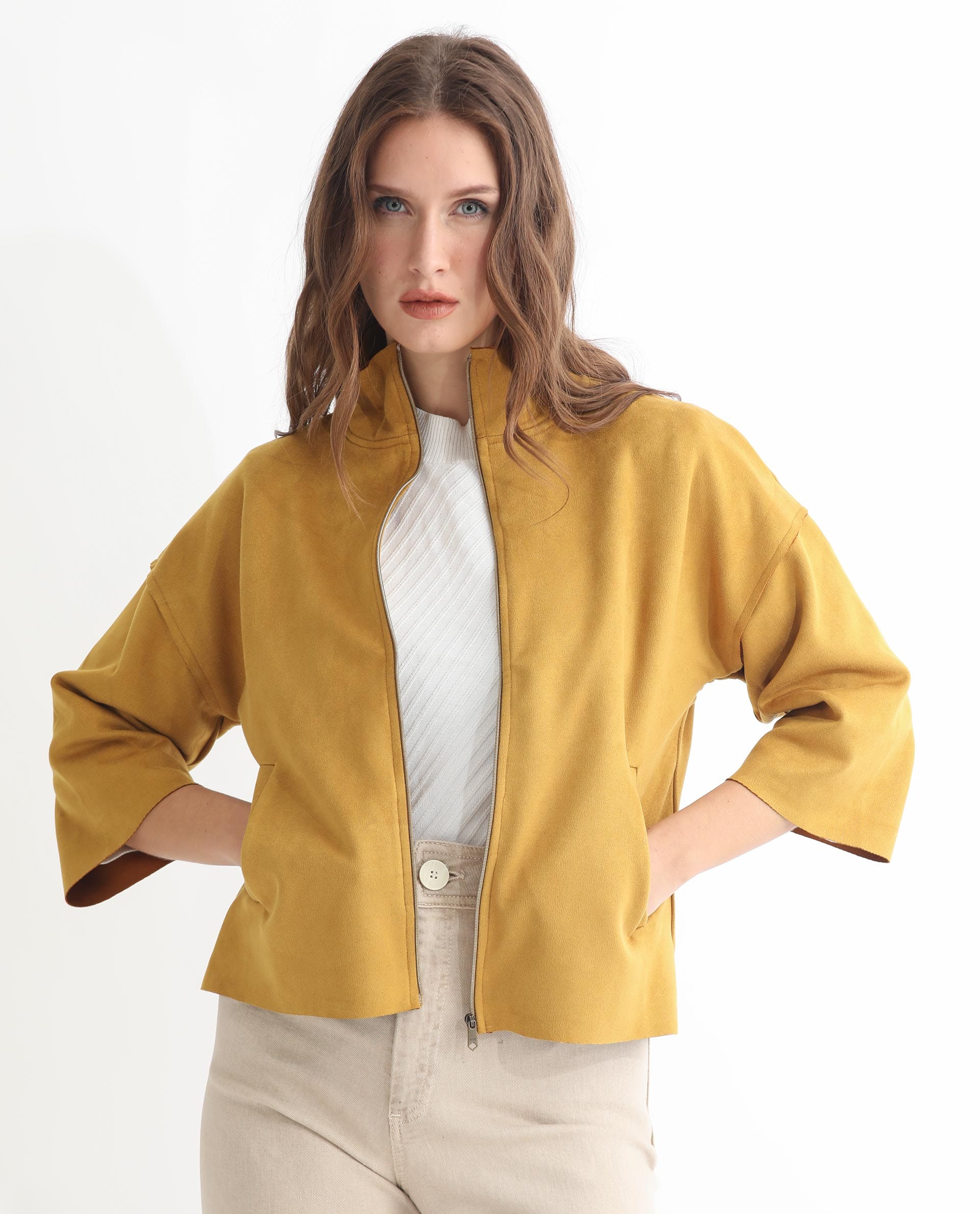 Rareism Women's Vasu 1 Mustard Polyester Blend Mandarin Collar Plain Regular Fit Jacket