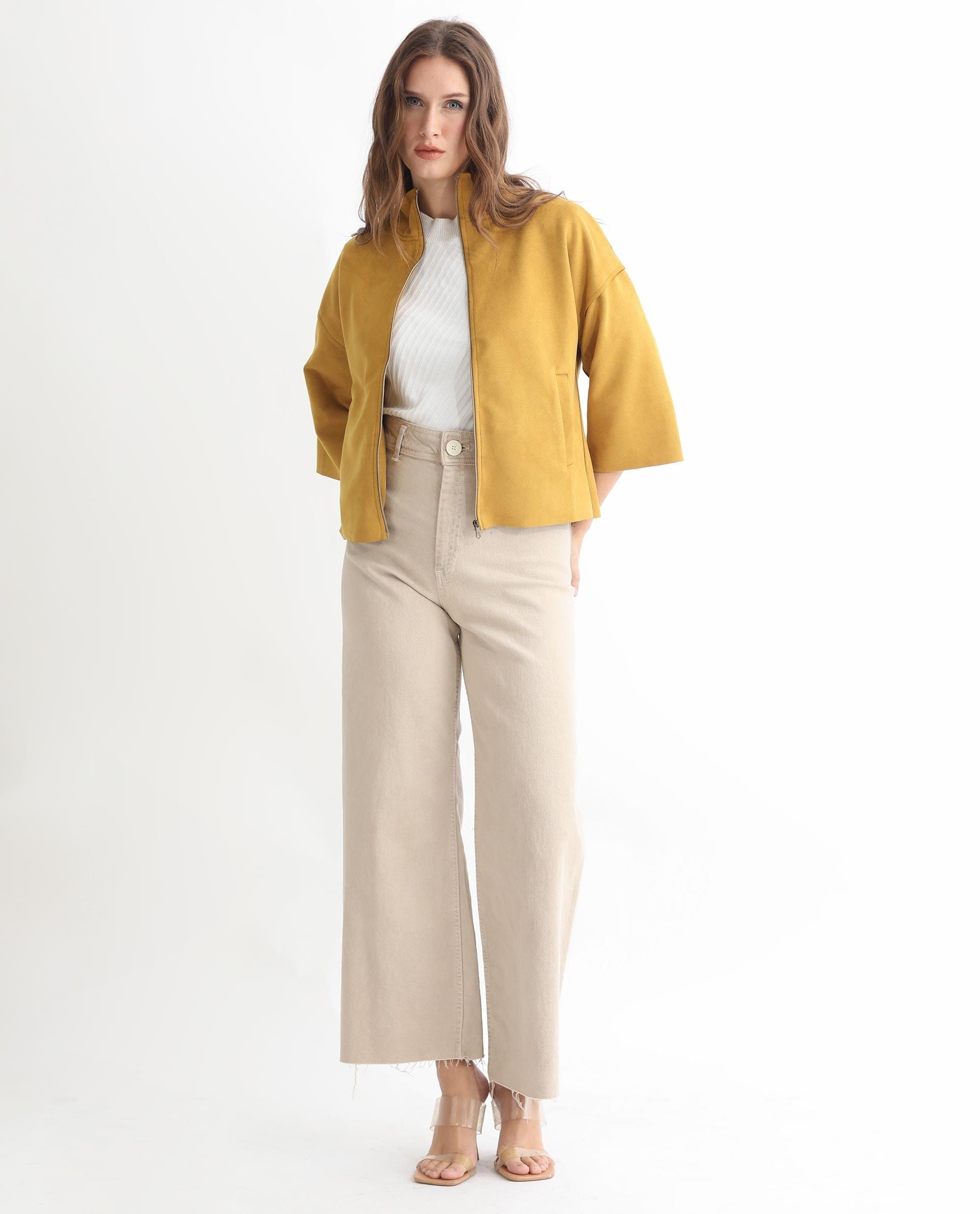 Rareism Women's Vasu 1 Mustard Polyester Blend Mandarin Collar Plain Regular Fit Jacket