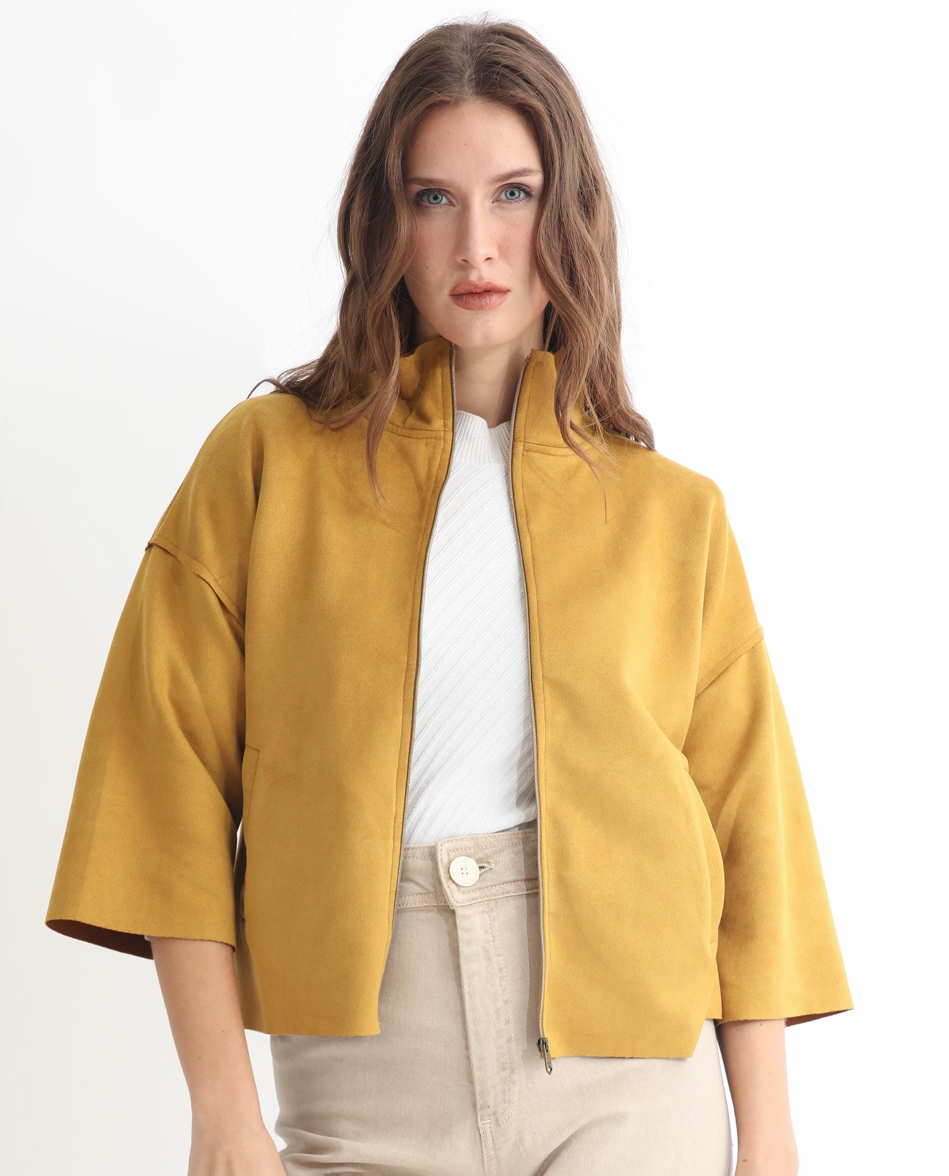 Rareism Women's Vasu 1 Mustard Polyester Blend Mandarin Collar Plain Regular Fit Jacket