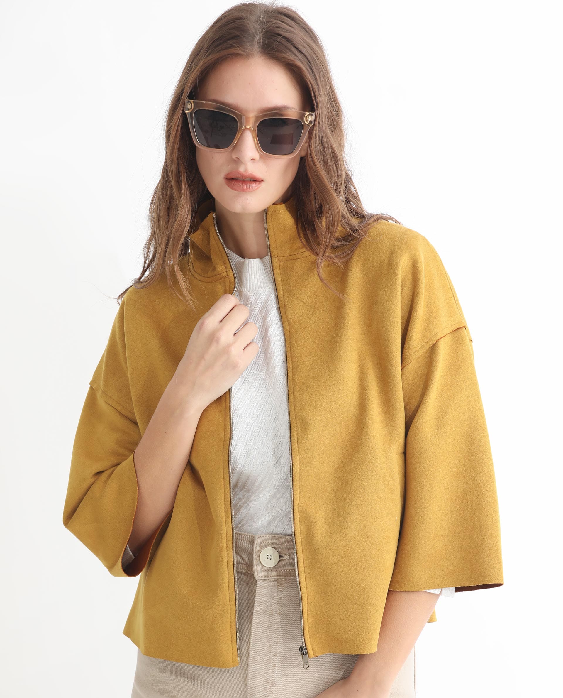 Rareism Women's Vasu 1 Mustard Polyester Blend Mandarin Collar Plain Regular Fit Jacket