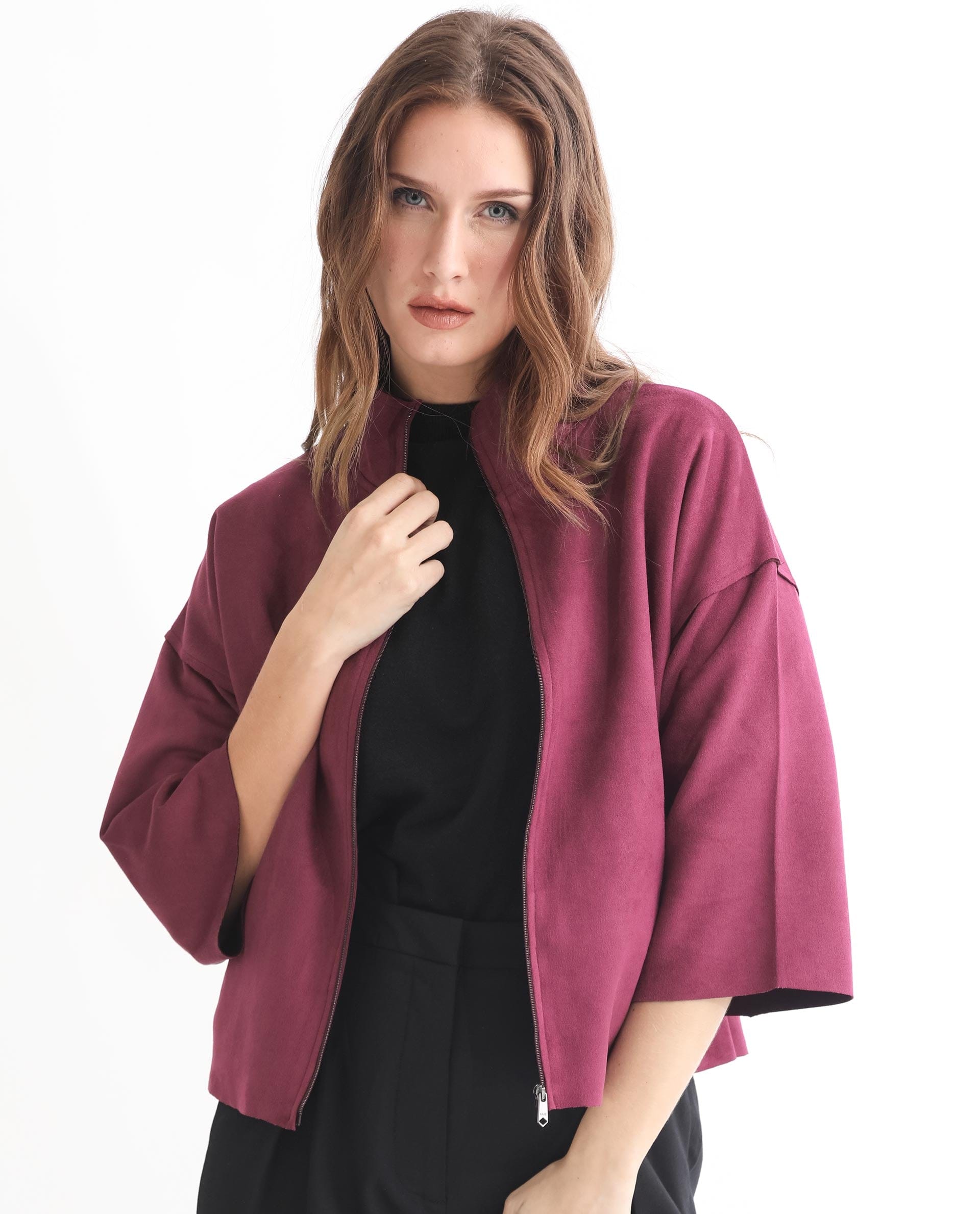 Rareism Women's Vasu 1 Pink Polyester Blend Mandarin Collar Plain Regular Fit Jacket