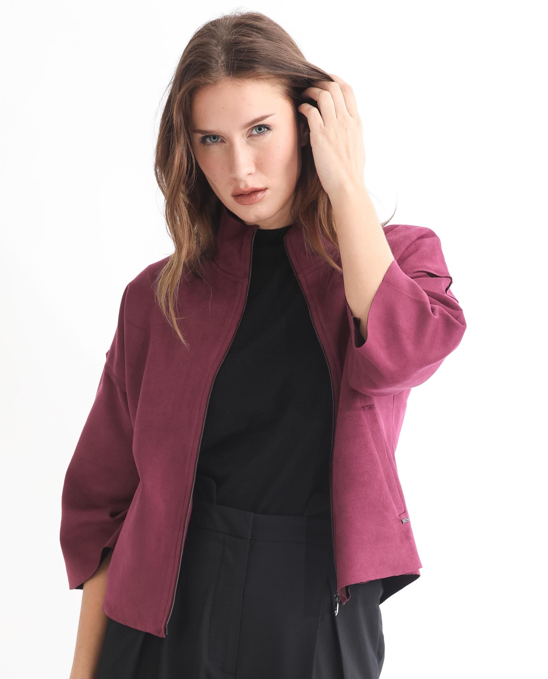 Rareism Women's Vasu 1 Pink Polyester Blend Mandarin Collar Plain Regular Fit Jacket
