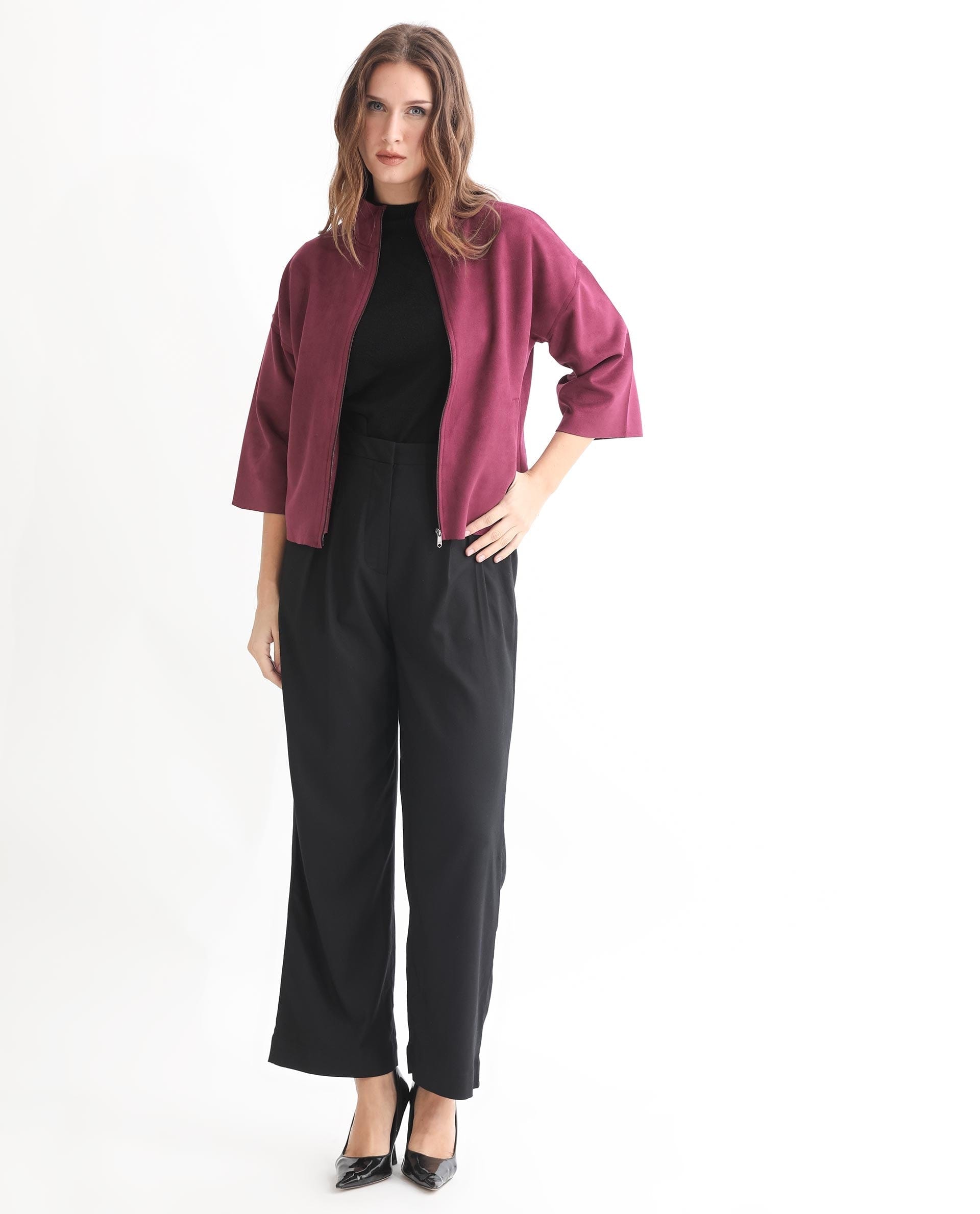 Rareism Women's Vasu 1 Pink Polyester Blend Mandarin Collar Plain Regular Fit Jacket