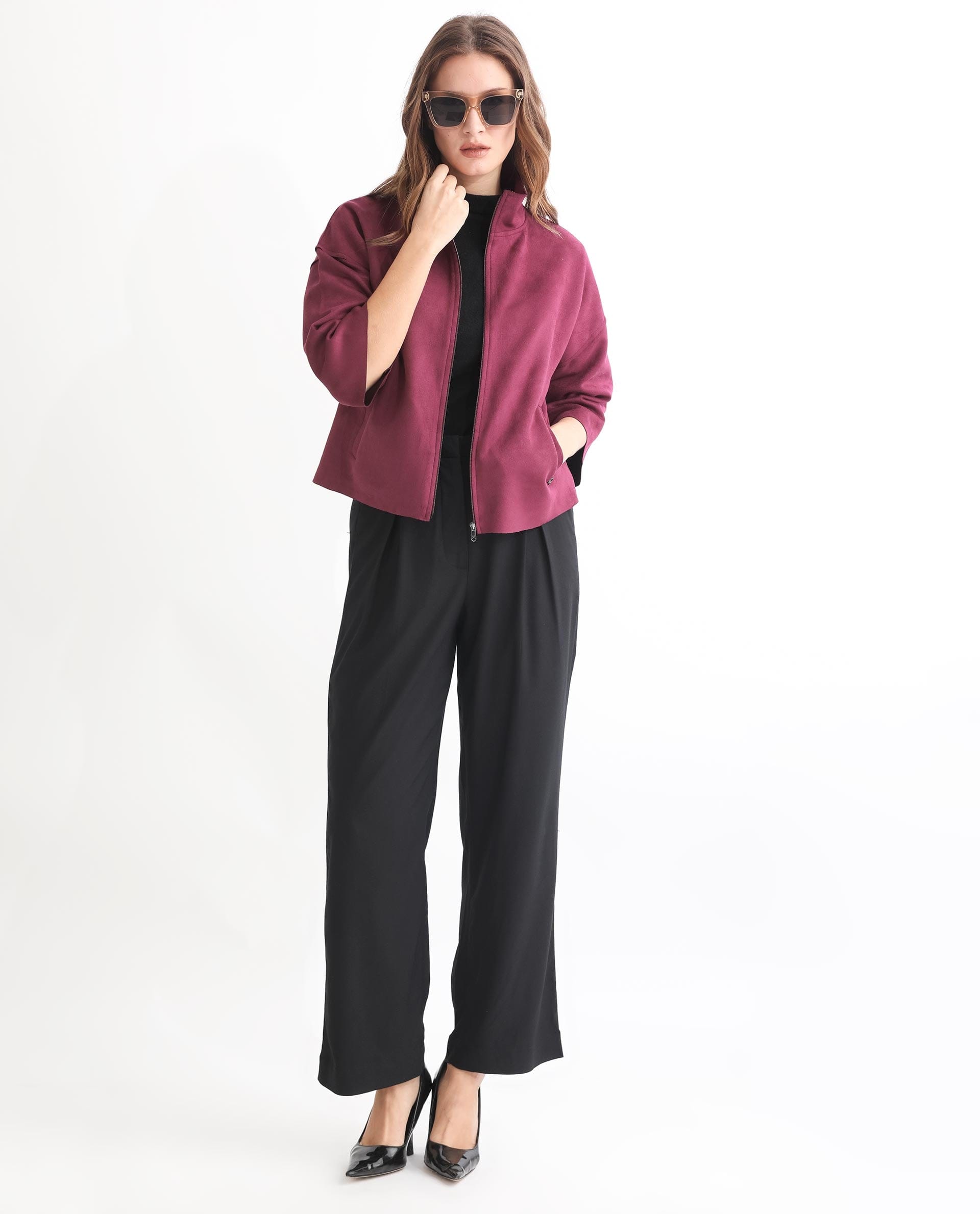 Rareism Women's Vasu 1 Pink Polyester Blend Mandarin Collar Plain Regular Fit Jacket