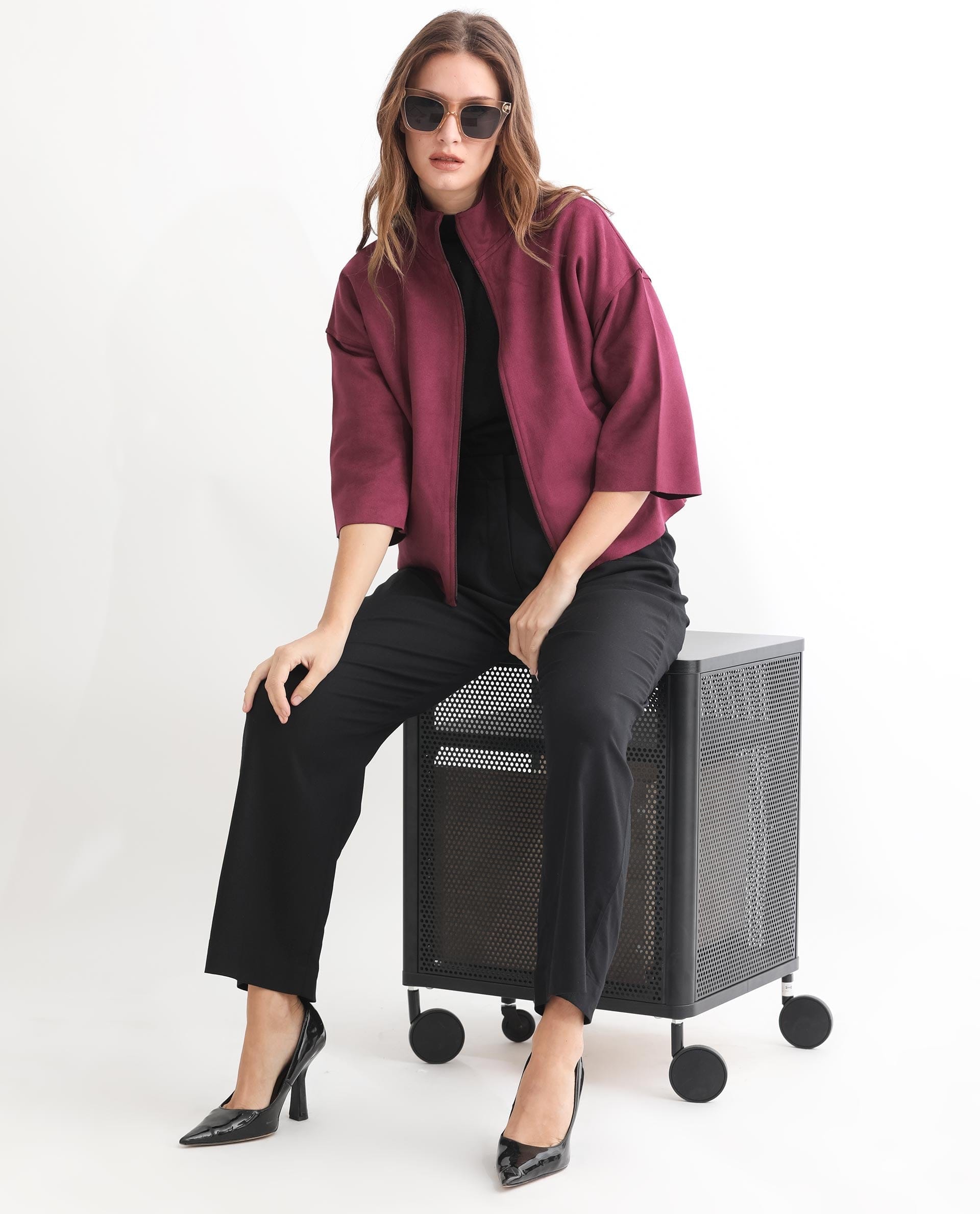 Rareism Women's Vasu 1 Pink Polyester Blend Mandarin Collar Plain Regular Fit Jacket