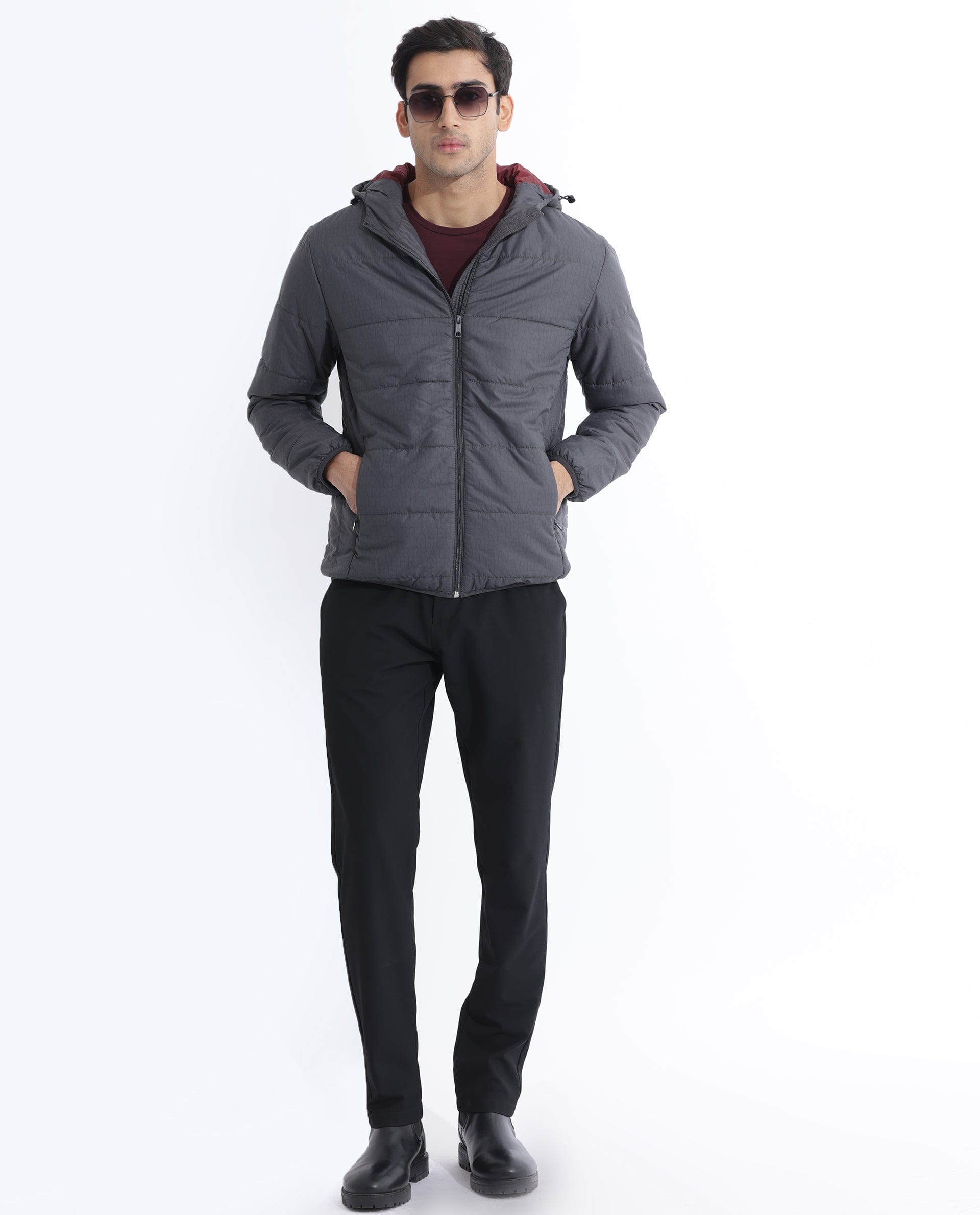 RARE Rabbit Men's Vasto Dark Grey Polyester Monogram Print Regular Fit Full Sleeve Hooded Jacket