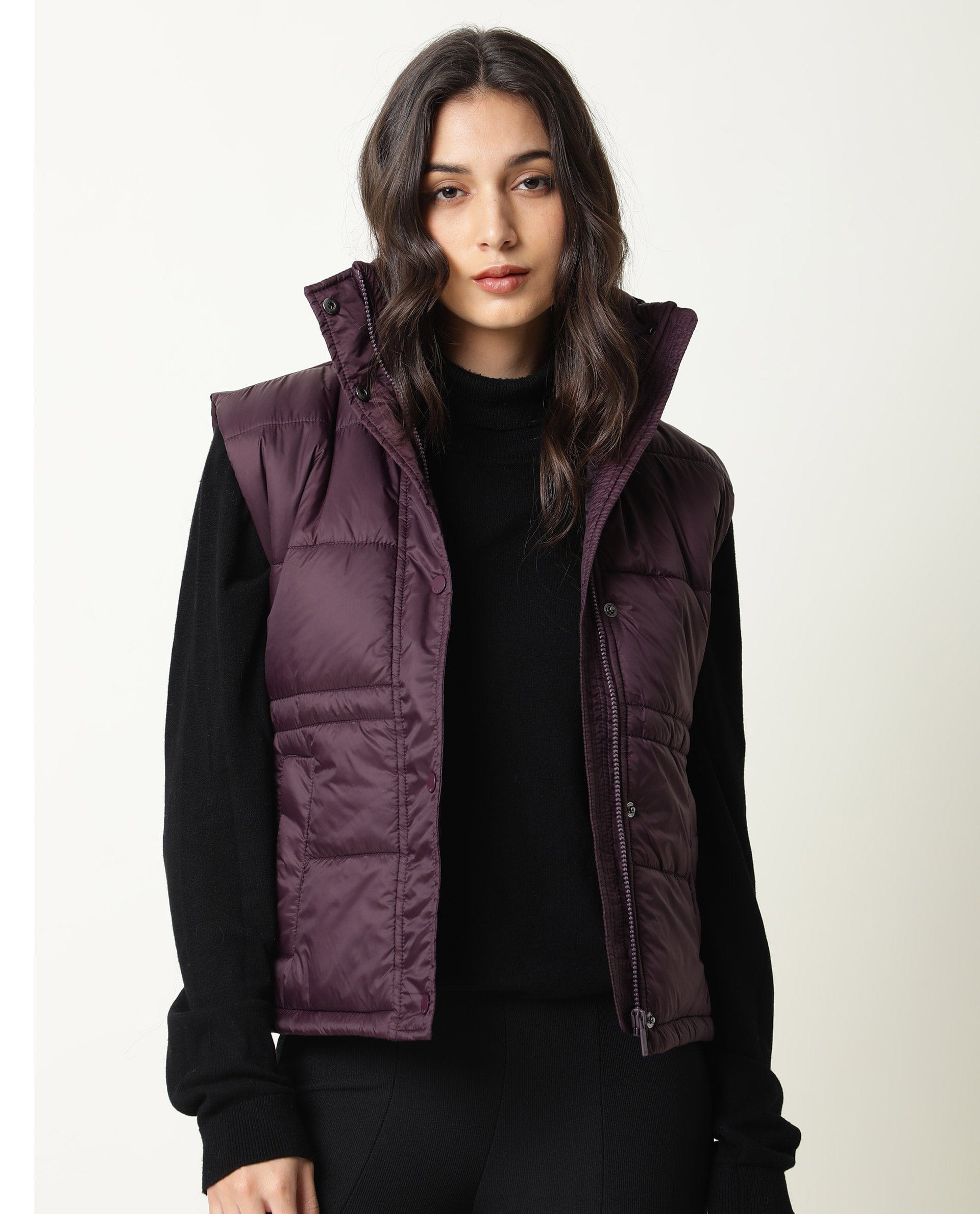 Rareism Women's Ziazan Maroon Polyester High Neck Plain Sleeveless Regular Fit Jacket