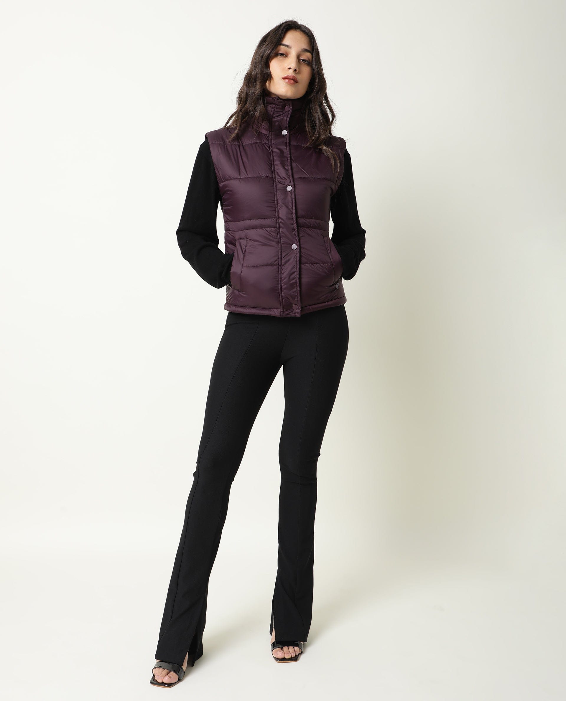 Rareism Women's Ziazan Maroon Polyester High Neck Plain Sleeveless Regular Fit Jacket