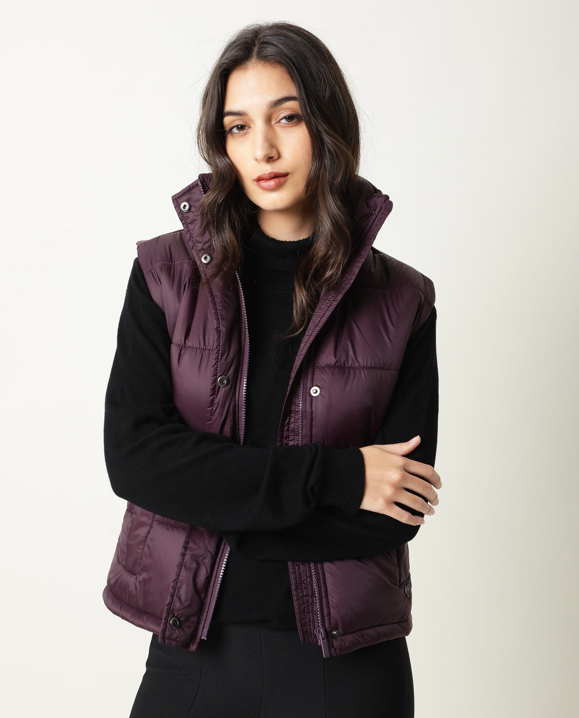 Rareism Women's Ziazan Maroon Polyester High Neck Plain Sleeveless Regular Fit Jacket