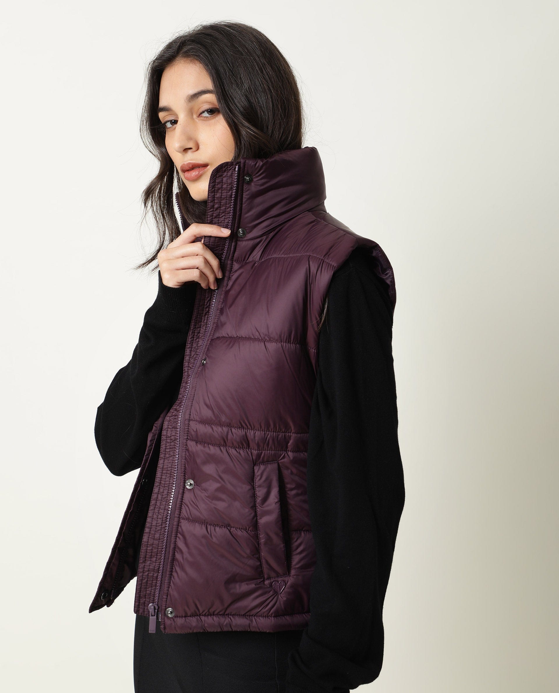 Rareism Women's Ziazan Maroon Polyester High Neck Plain Sleeveless Regular Fit Jacket