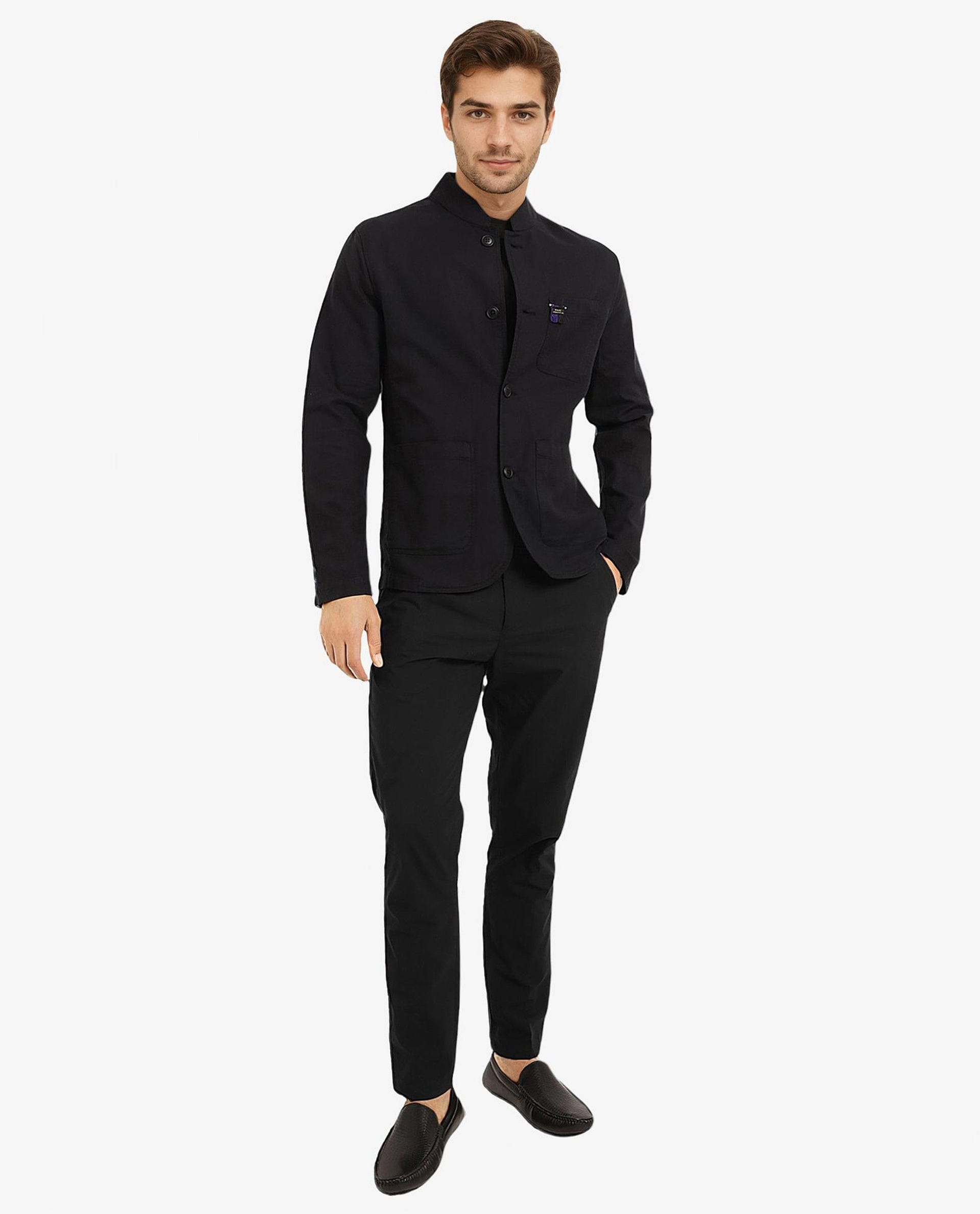 RARE Rabbit Men's Bastein Navy Cotton Plain Relaxed Fit Full Sleeve Mandarin Collar Jacket