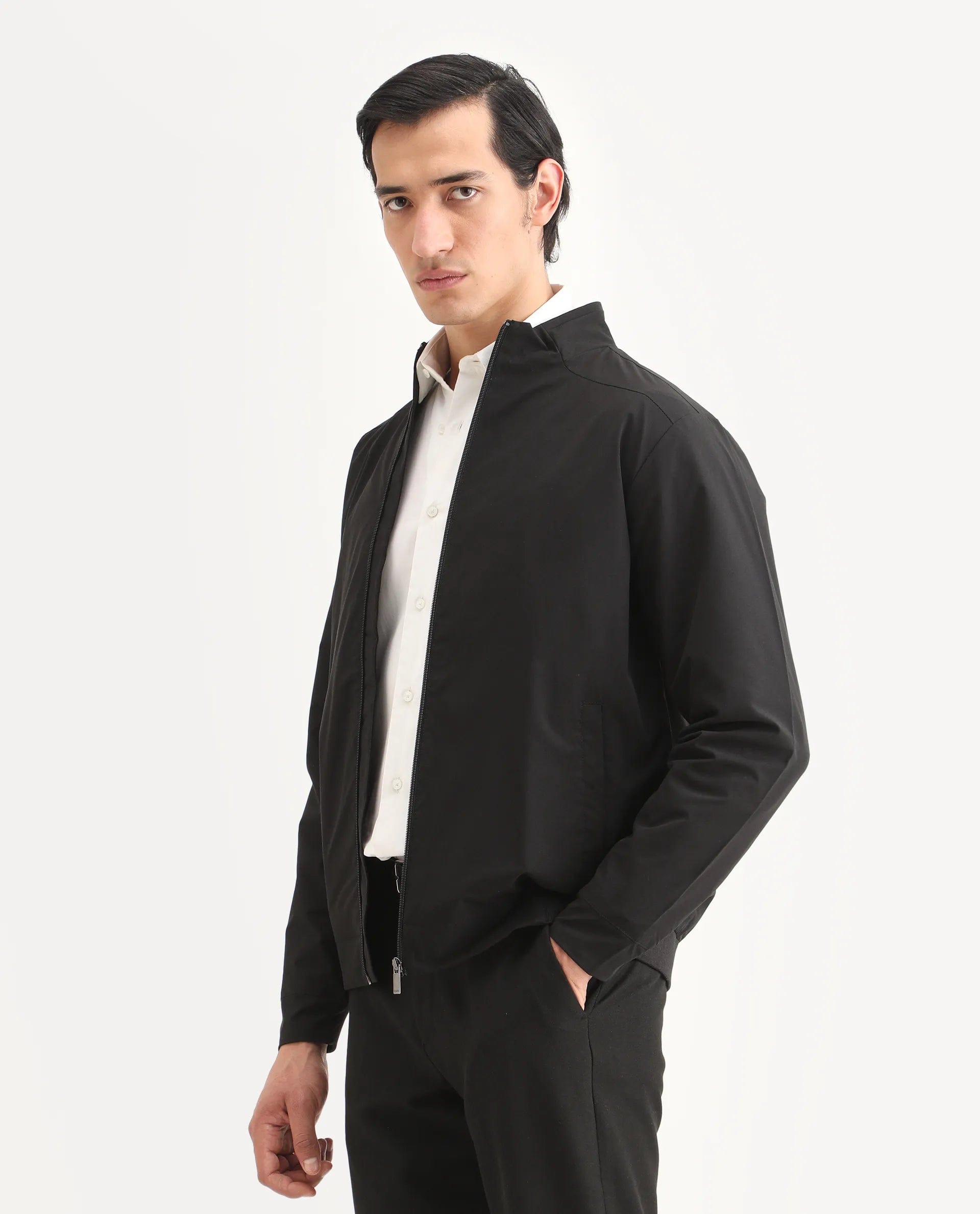 RARE Rabbit Men's Niger Black Polyester Typography Print Relaxed Fit Full Sleeve High Neck Jacket