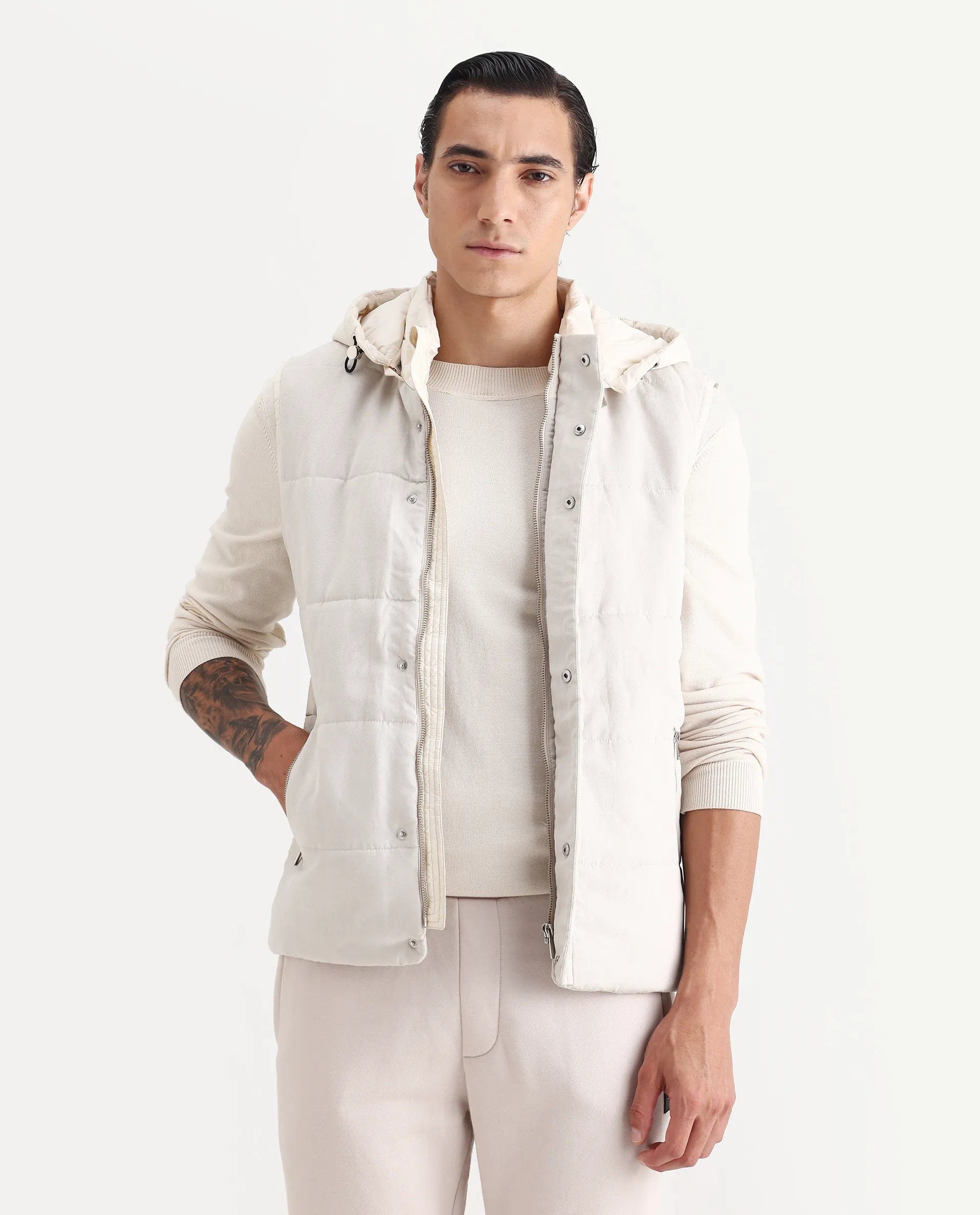 RARE Rabbit Men's Raldo Beige Suede Plain Regular Fit Sleeveless Hooded Jacket