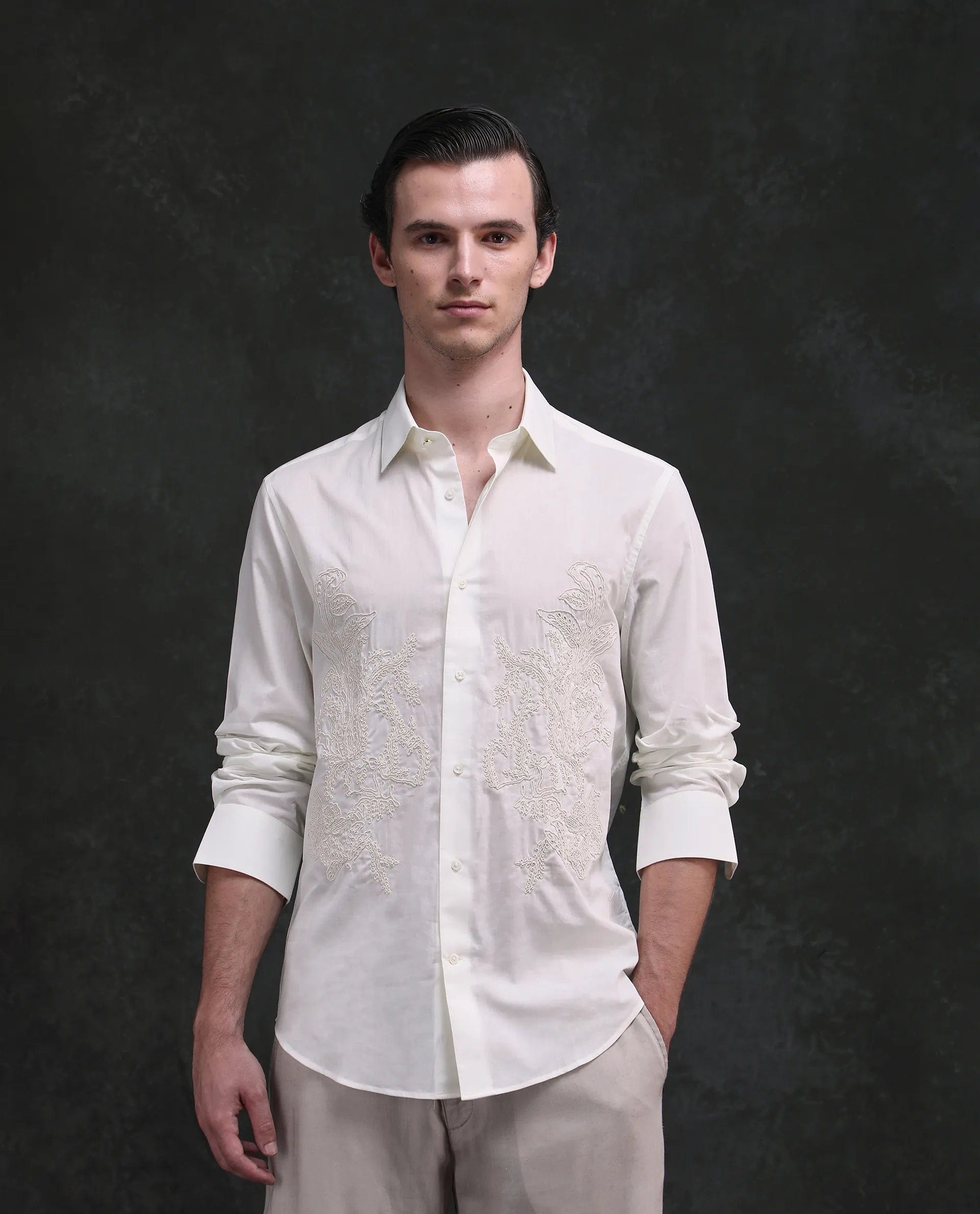 RARE Rabbit Men's Dori White Cotton Fabric Full Sleeves Collared Neck Button Closure Embroidered Shirt