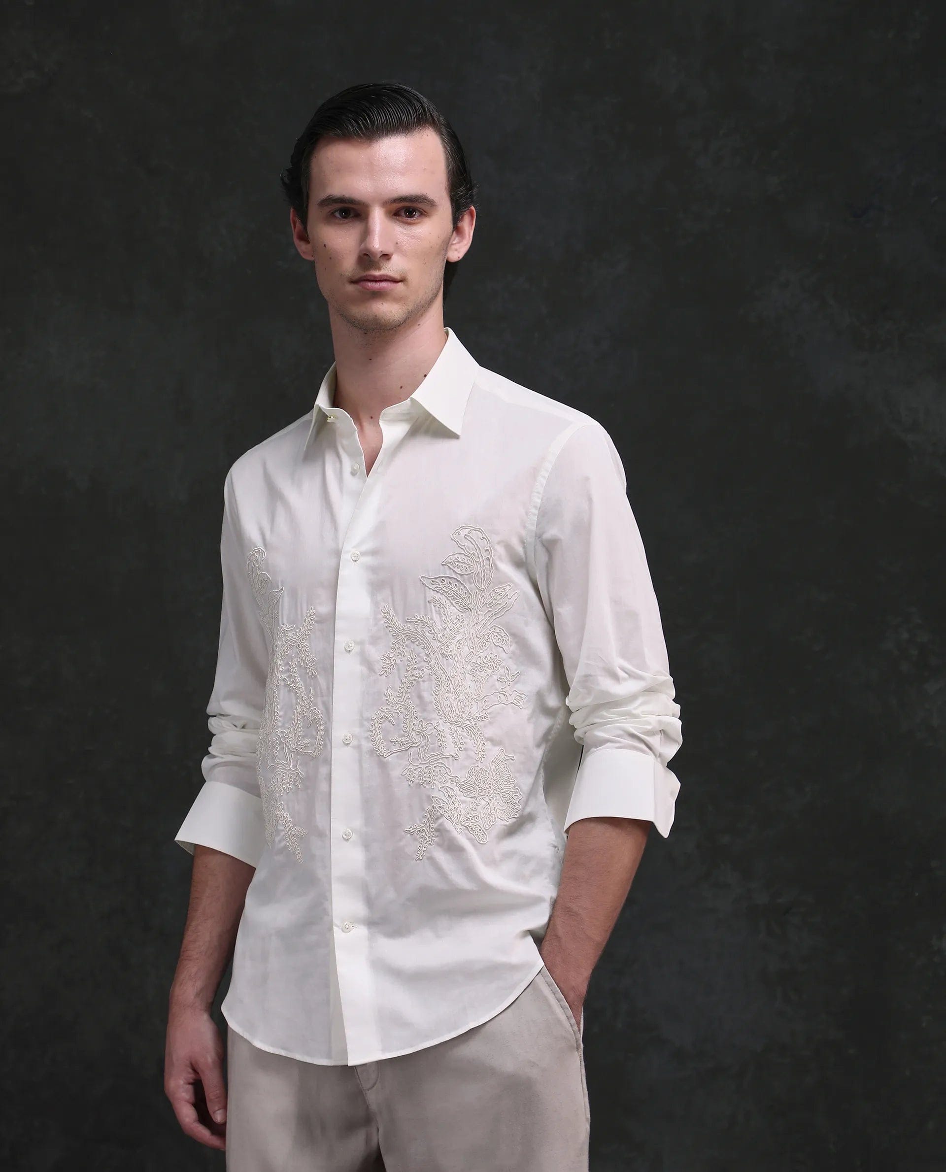 RARE Rabbit Men's Dori White Cotton Fabric Full Sleeves Collared Neck Button Closure Embroidered Shirt