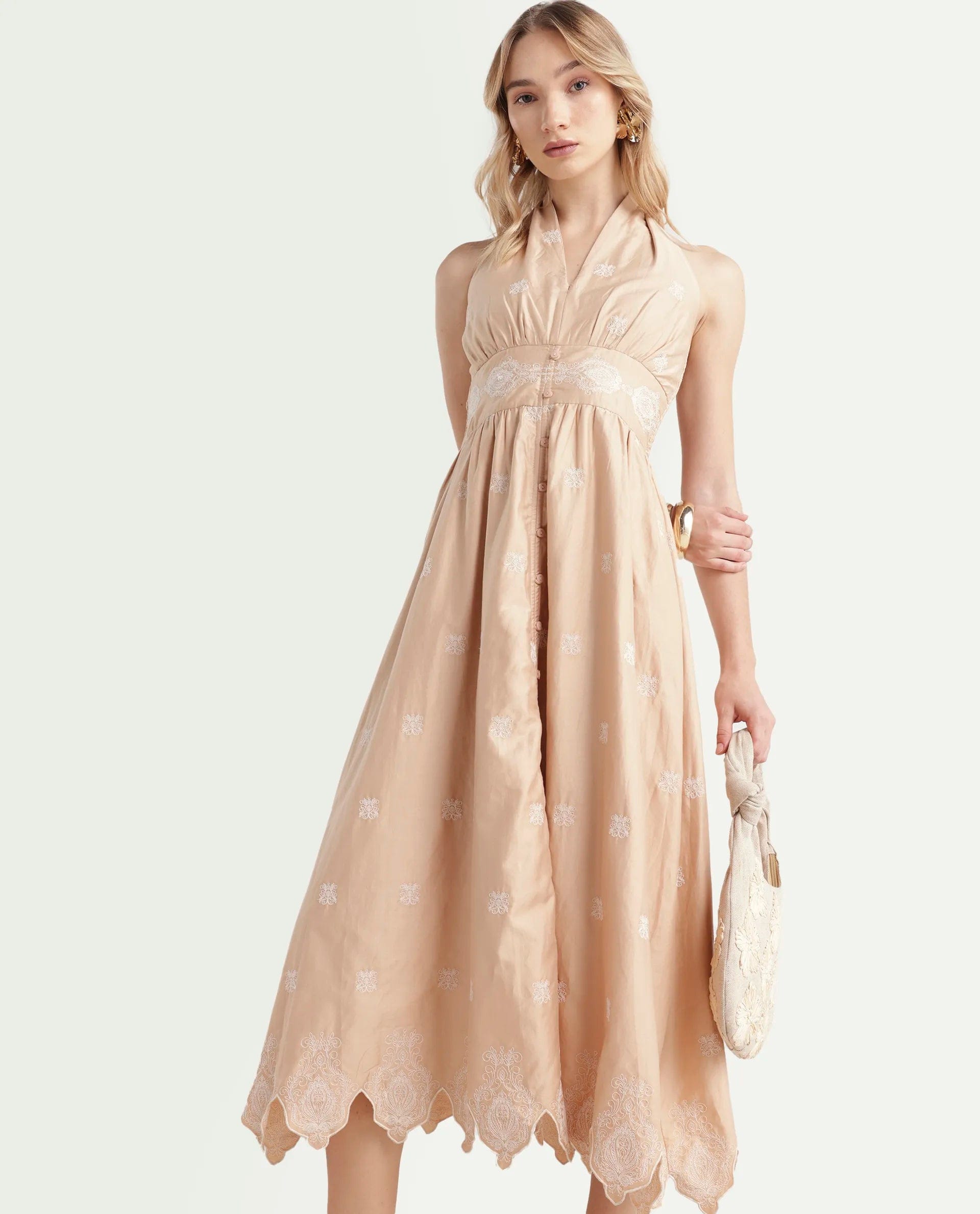 Rareism Women's Somaxa Beige Cotton Halter Neck Plain Sleeveless Midi A - Line Dress
