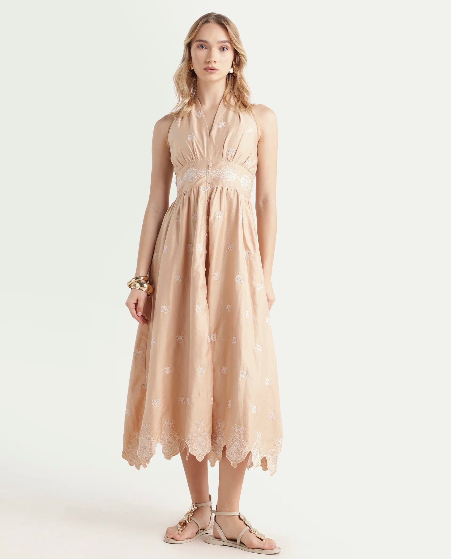 Rareism Women's Somaxa Beige Cotton Halter Neck Plain Sleeveless Midi A - Line Dress