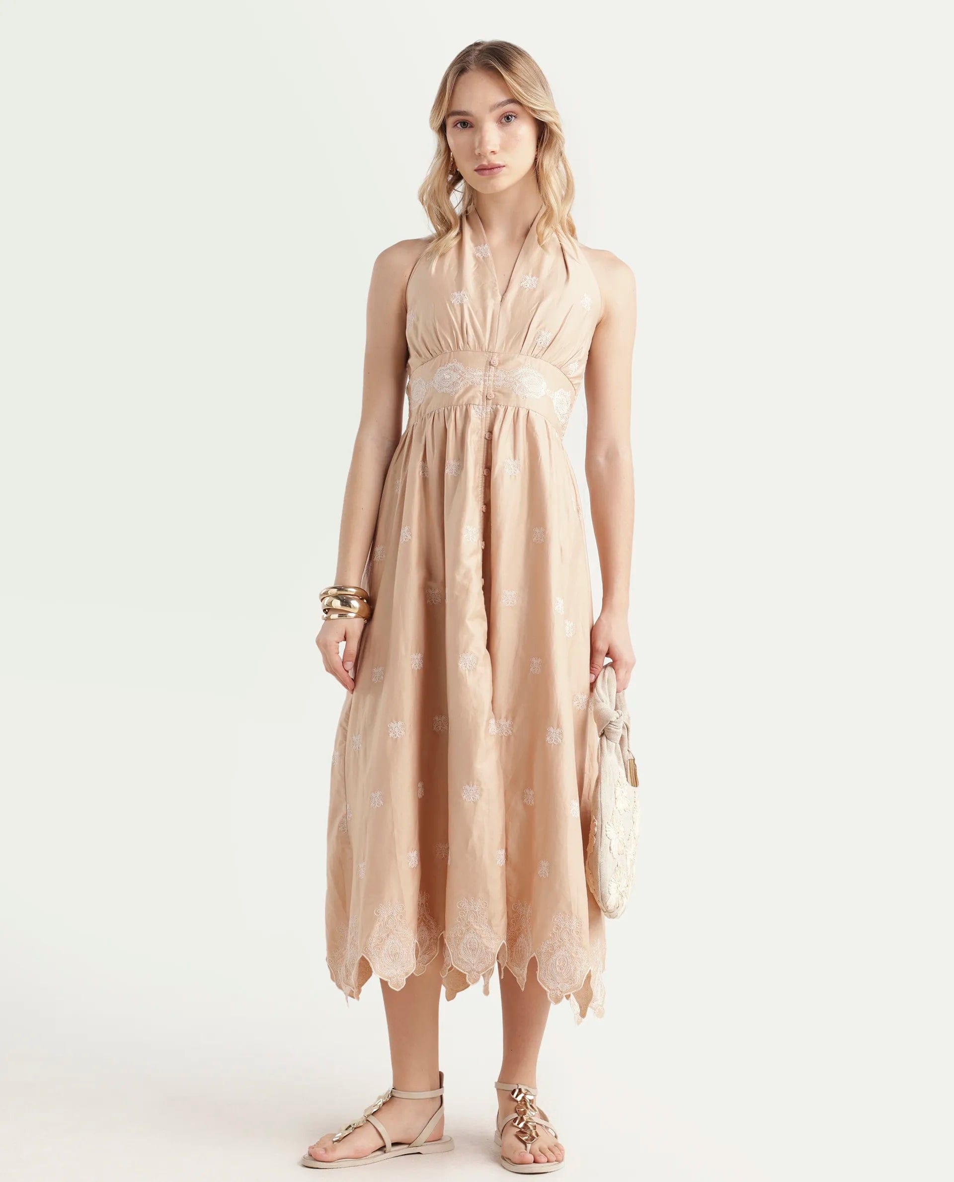 Rareism Women's Somaxa Beige Cotton Halter Neck Plain Sleeveless Midi A - Line Dress