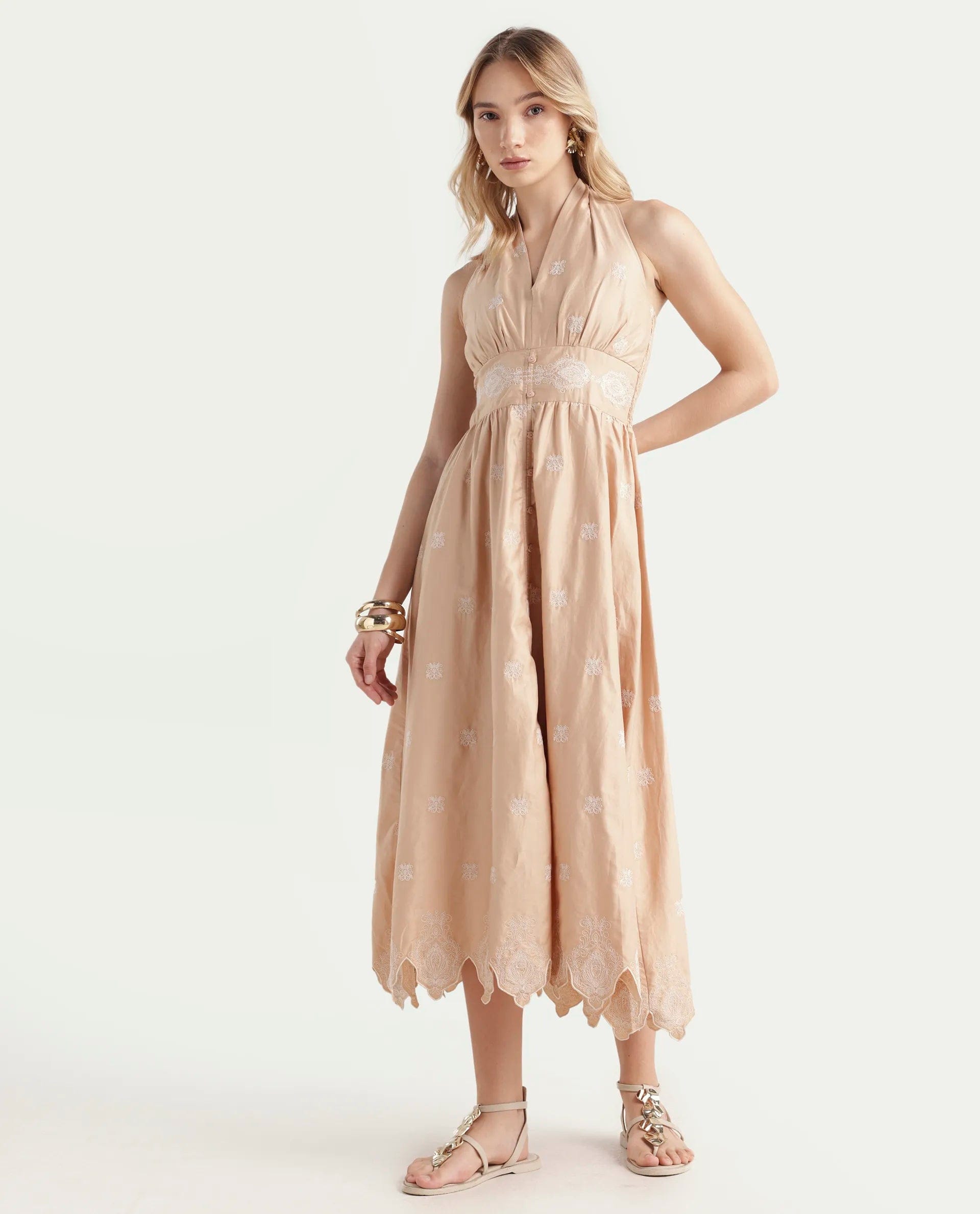 Rareism Women's Somaxa Beige Cotton Halter Neck Plain Sleeveless Midi A - Line Dress